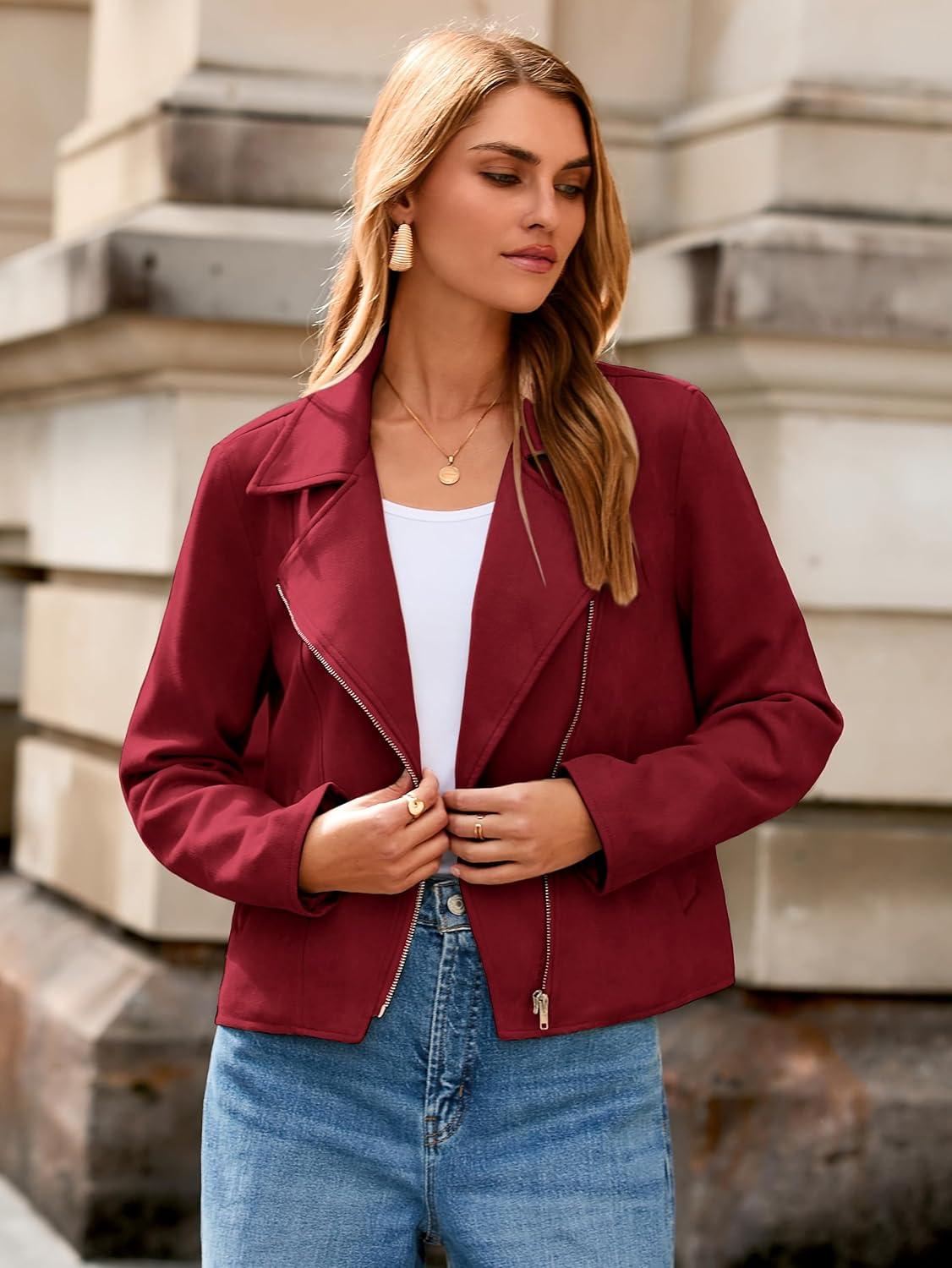 imageGlamaker Womens Faux Suede Jackets Long Sleeve Casual Cropped Zipper Biker Moto Jacket Fall Winter OutfitsWine Red