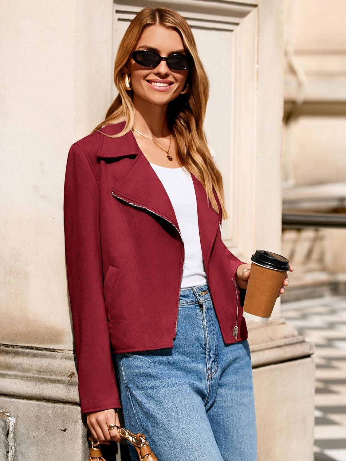 imageGlamaker Womens Faux Suede Jackets Long Sleeve Casual Cropped Zipper Biker Moto Jacket Fall Winter OutfitsWine Red