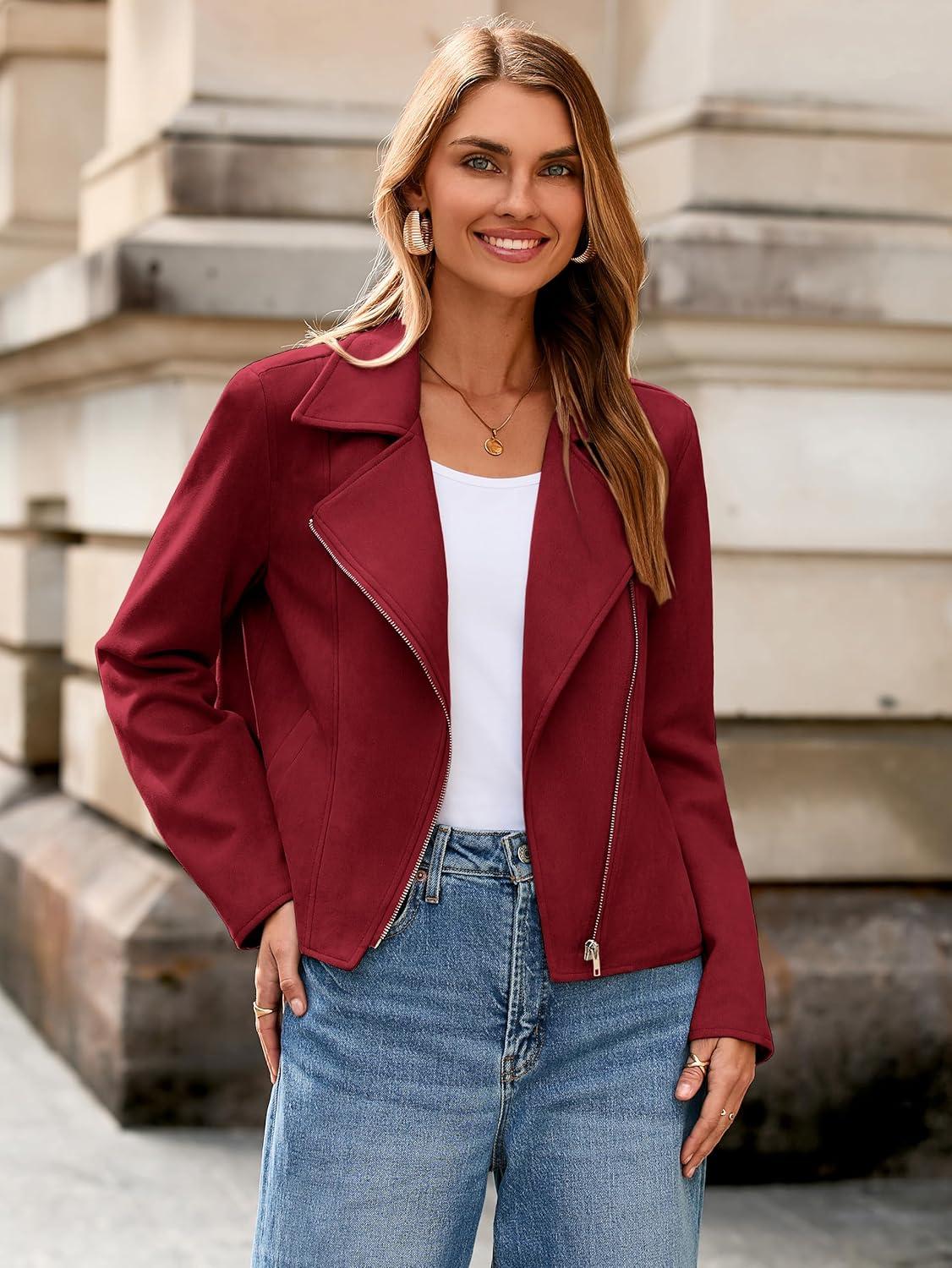 imageGlamaker Womens Faux Suede Jackets Long Sleeve Casual Cropped Zipper Biker Moto Jacket Fall Winter OutfitsWine Red