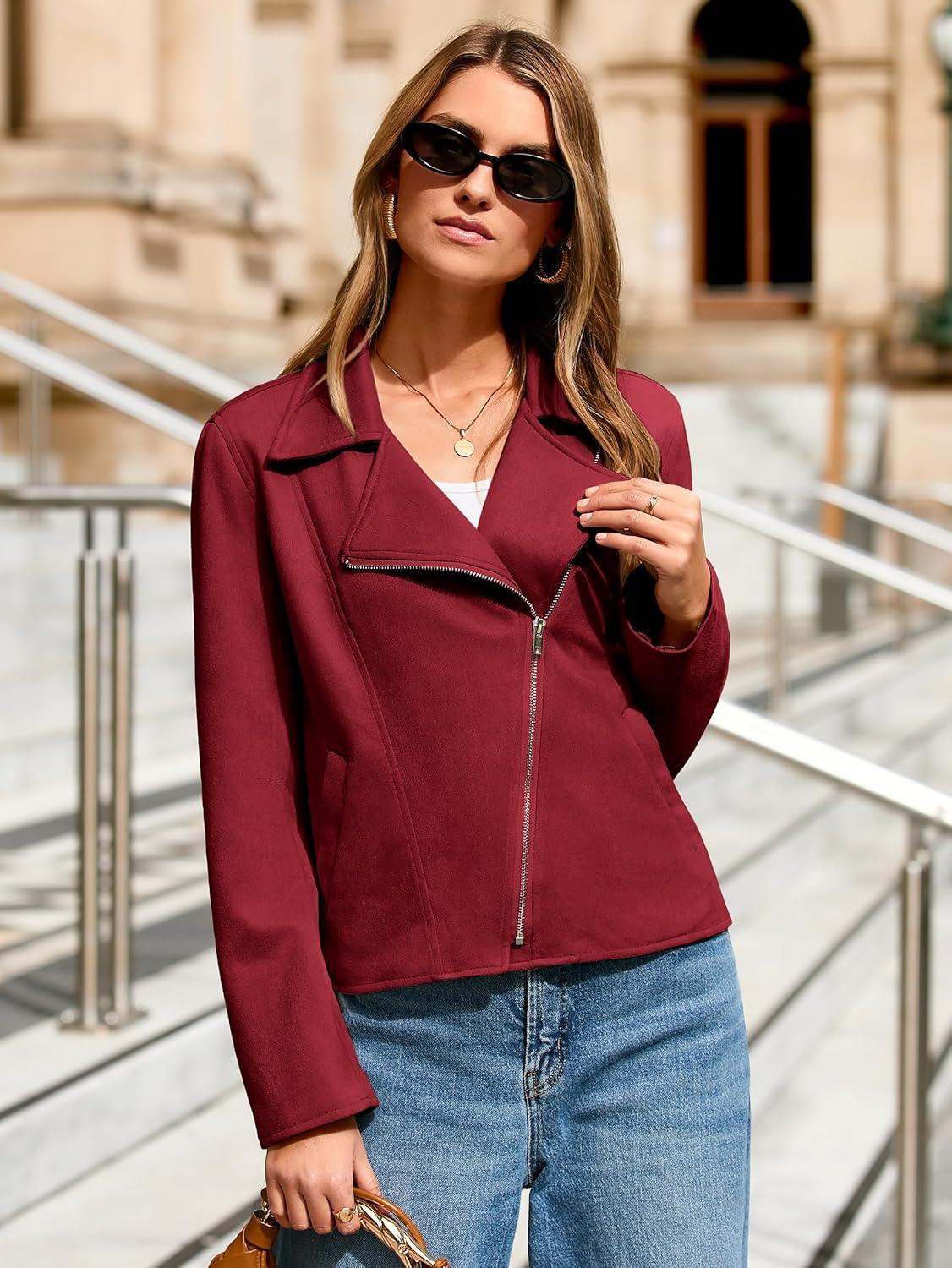 imageGlamaker Womens Faux Suede Jackets Long Sleeve Casual Cropped Zipper Biker Moto Jacket Fall Winter OutfitsWine Red