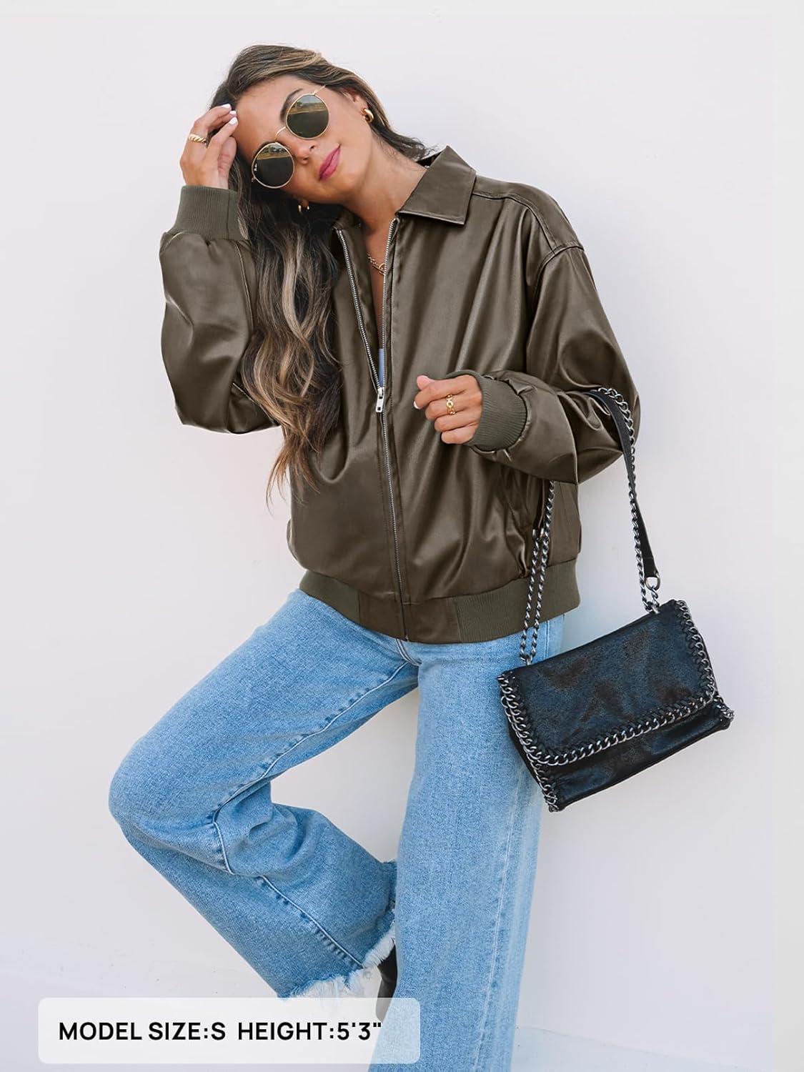 imageMEROKEETY Womens Winter Spring Oversized Faux Leather Jacket 2026 Fall Zip Up Motorcycle Coats Fashion Outfits ClothesArmygreen