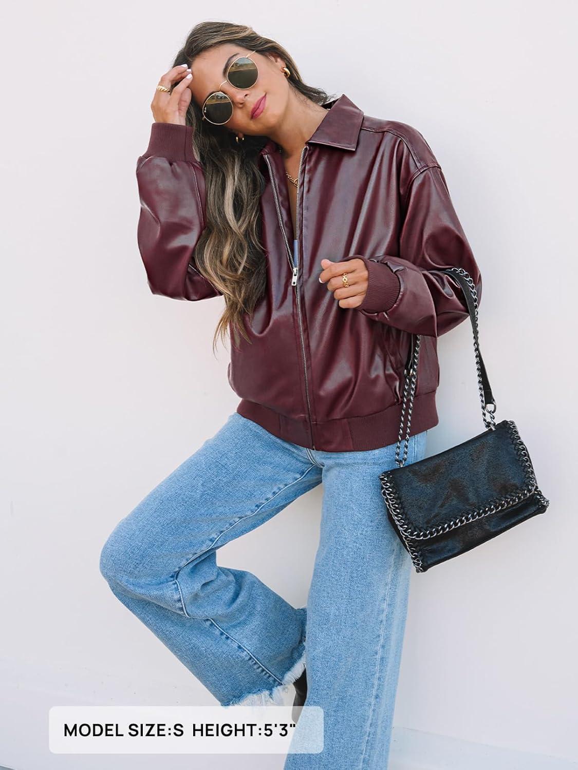 imageMEROKEETY Womens Winter Spring Oversized Faux Leather Jacket 2026 Fall Zip Up Motorcycle Coats Fashion Outfits ClothesBurgundy