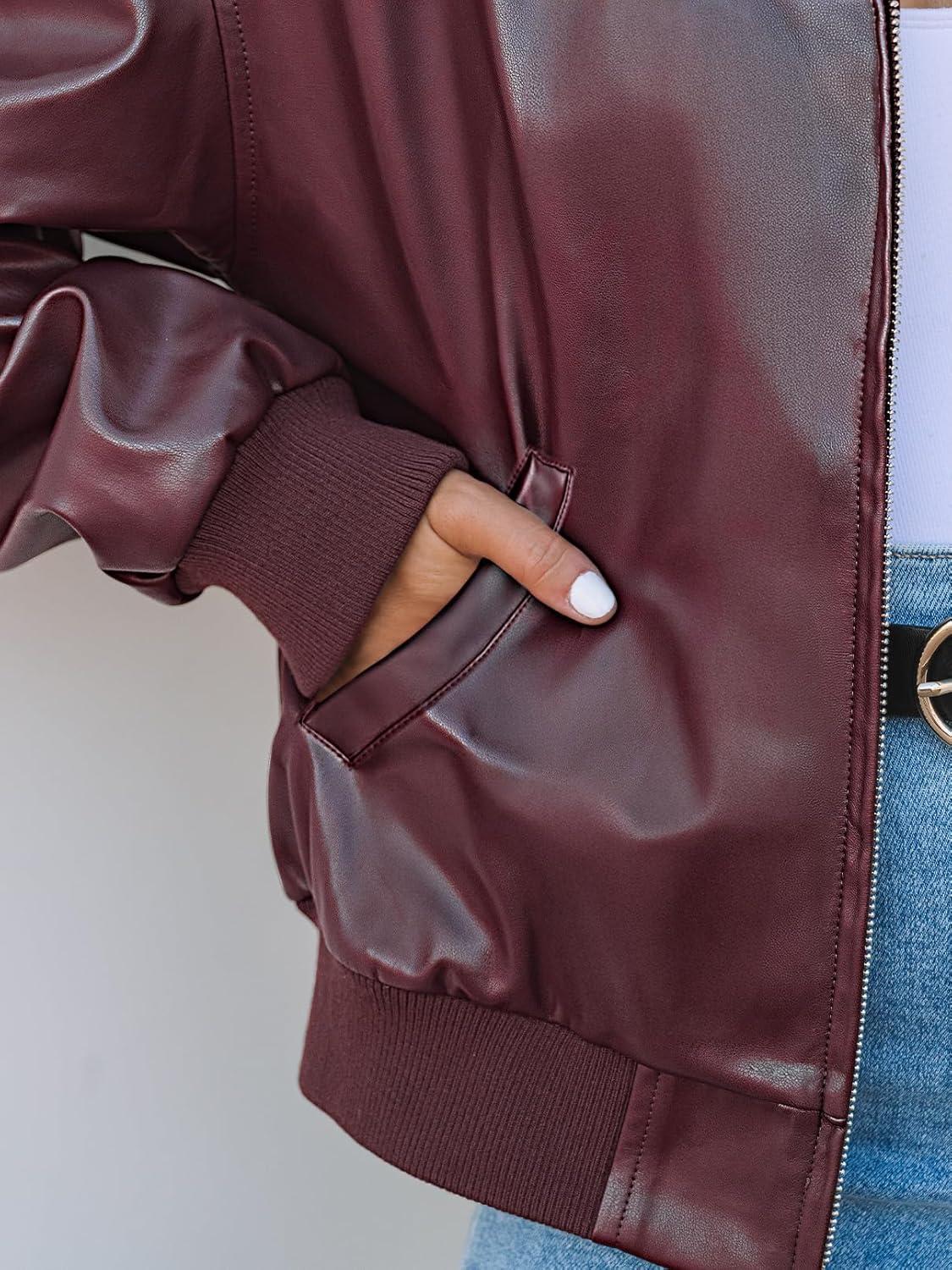 imageMEROKEETY Womens Winter Spring Oversized Faux Leather Jacket 2026 Fall Zip Up Motorcycle Coats Fashion Outfits ClothesBurgundy