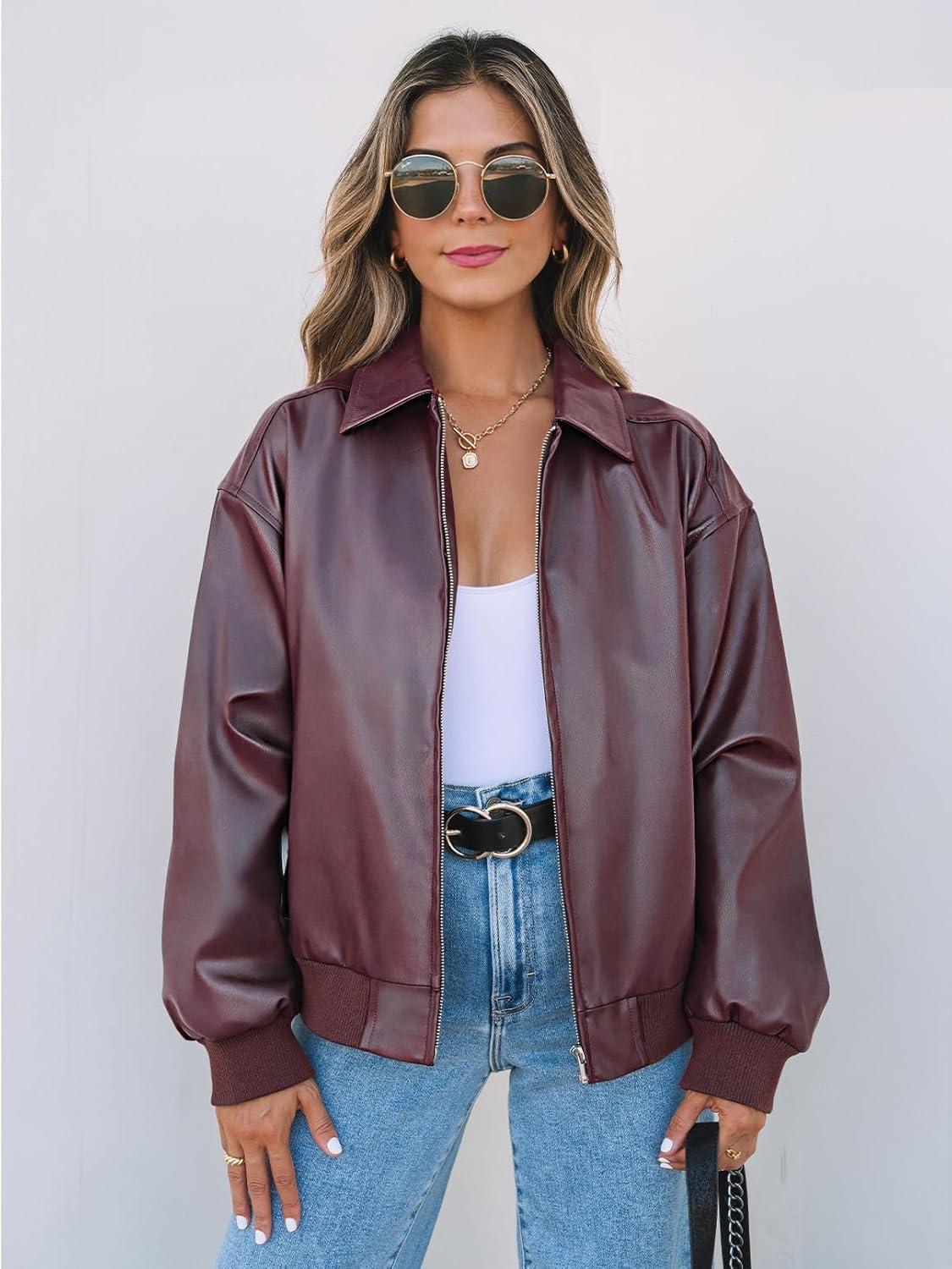 imageMEROKEETY Womens Winter Spring Oversized Faux Leather Jacket 2026 Fall Zip Up Motorcycle Coats Fashion Outfits ClothesBurgundy