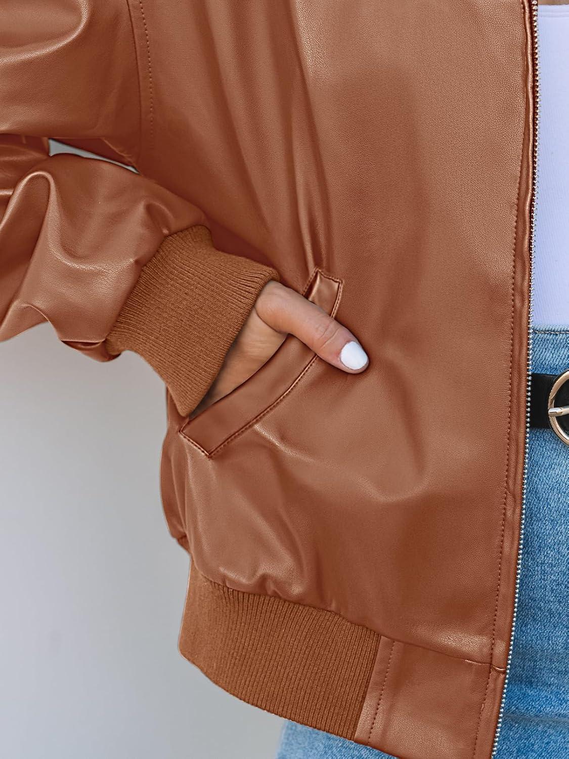 imageMEROKEETY Womens Winter Spring Oversized Faux Leather Jacket 2026 Fall Zip Up Motorcycle Coats Fashion Outfits ClothesCaramel
