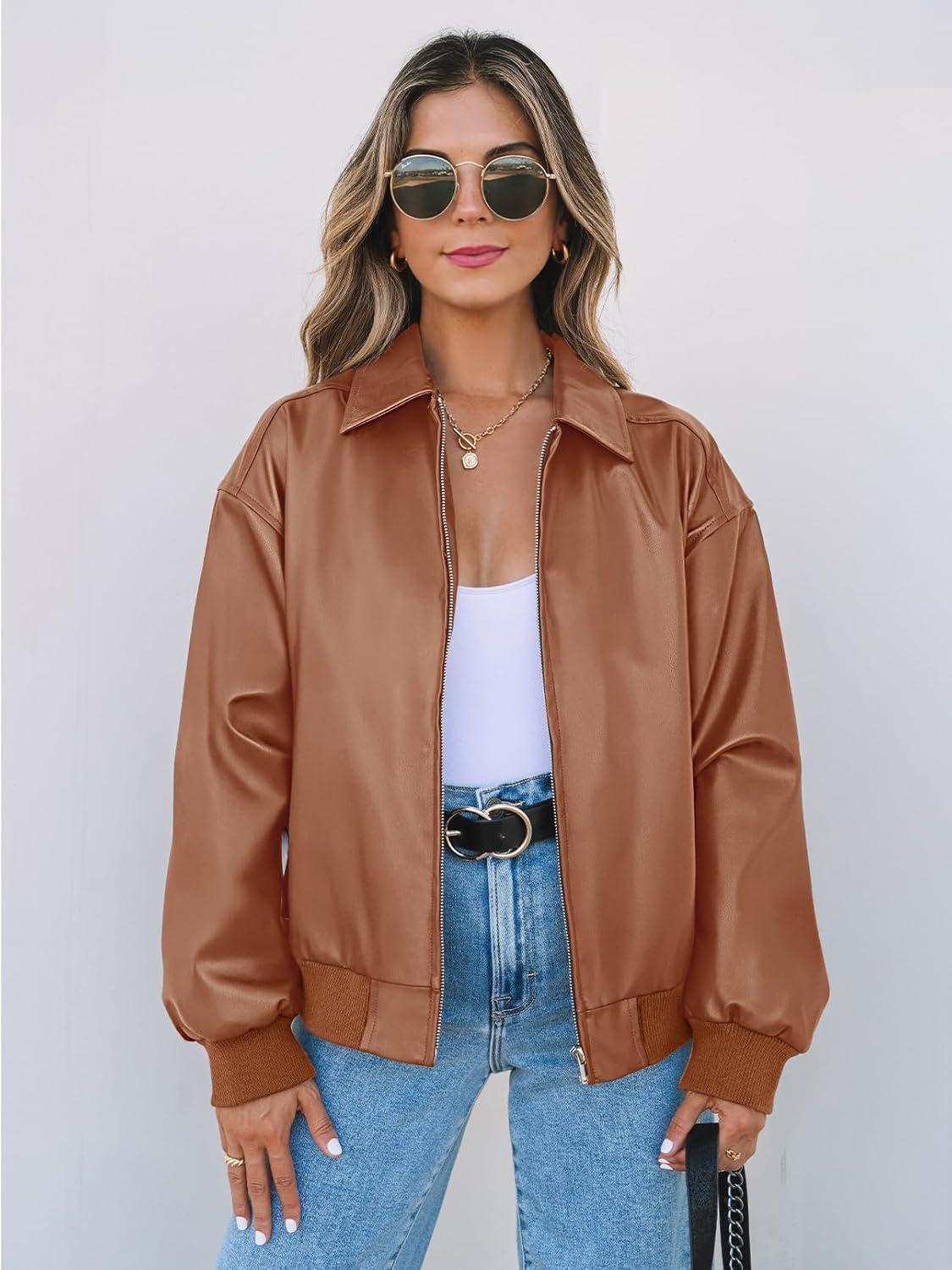 imageMEROKEETY Womens Winter Spring Oversized Faux Leather Jacket 2026 Fall Zip Up Motorcycle Coats Fashion Outfits ClothesCaramel