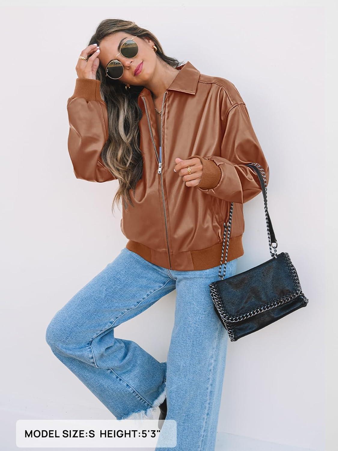 imageMEROKEETY Womens Winter Spring Oversized Faux Leather Jacket 2026 Fall Zip Up Motorcycle Coats Fashion Outfits ClothesCaramel