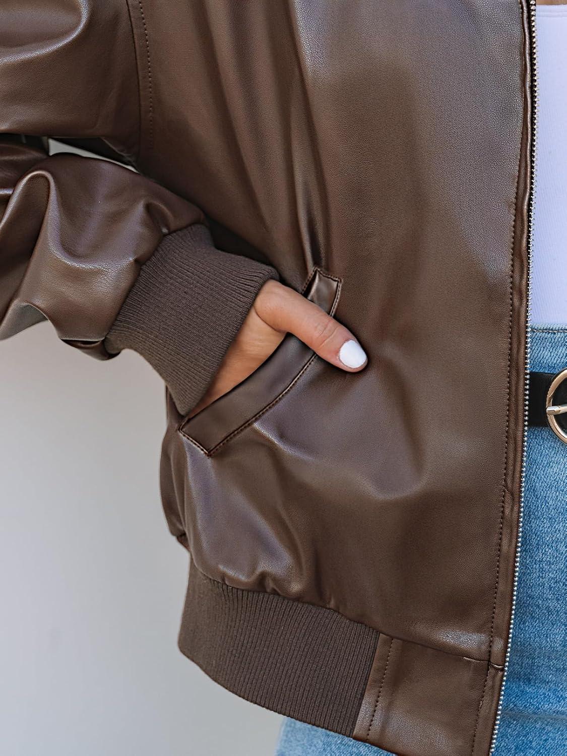 imageMEROKEETY Womens Winter Spring Oversized Faux Leather Jacket 2026 Fall Zip Up Motorcycle Coats Fashion Outfits ClothesCoffee