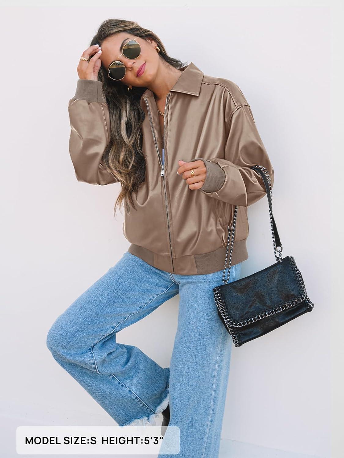 imageMEROKEETY Womens Winter Spring Oversized Faux Leather Jacket 2026 Fall Zip Up Motorcycle Coats Fashion Outfits ClothesKhaki