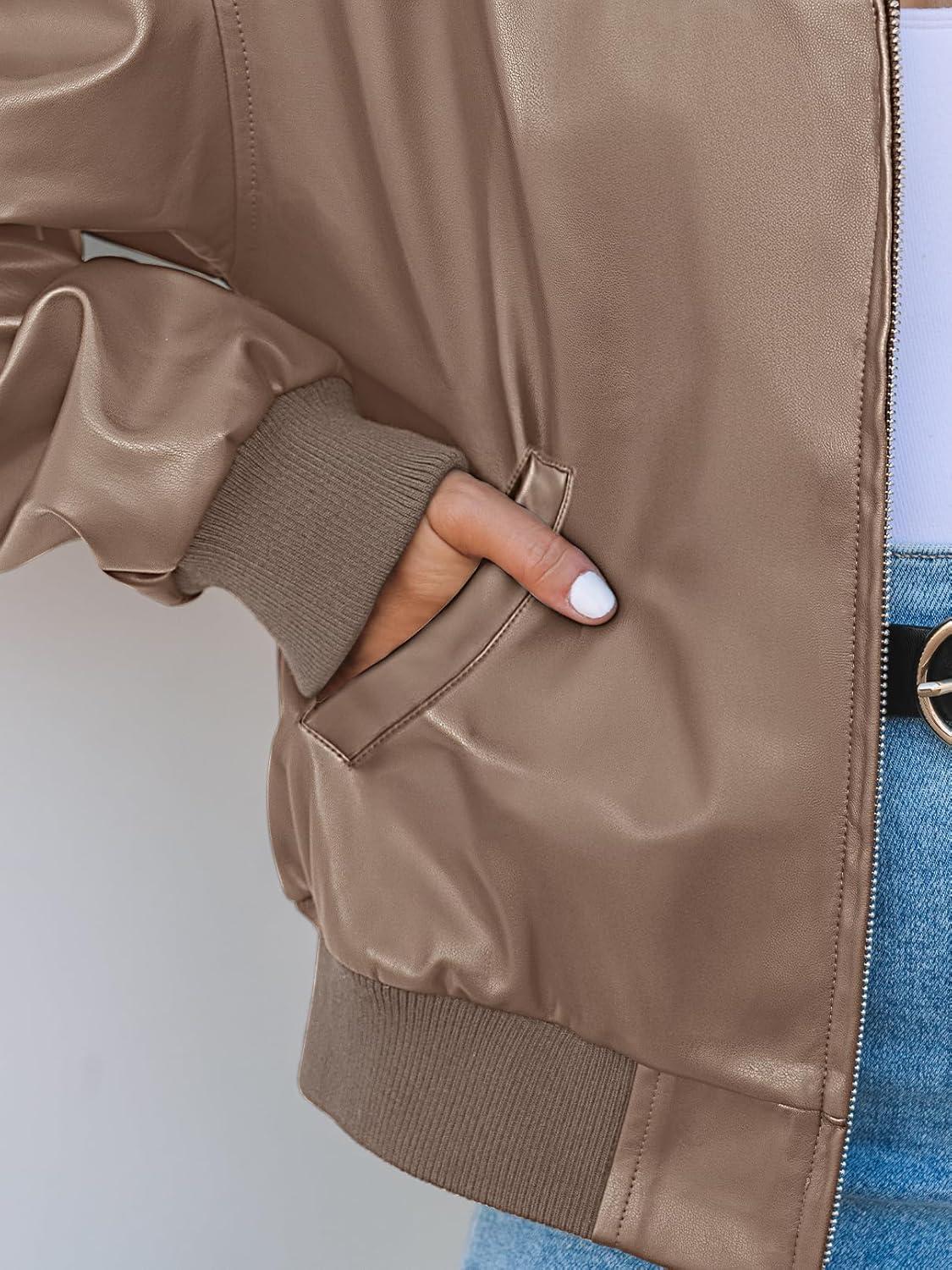 imageMEROKEETY Womens Winter Spring Oversized Faux Leather Jacket 2026 Fall Zip Up Motorcycle Coats Fashion Outfits ClothesKhaki
