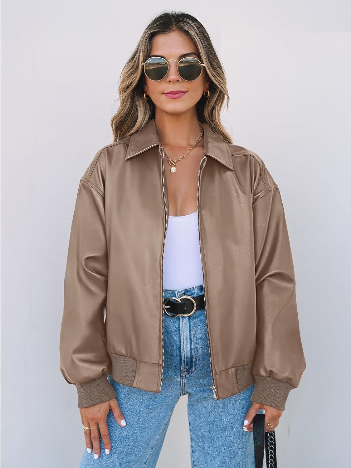 imageMEROKEETY Womens Winter Spring Oversized Faux Leather Jacket 2026 Fall Zip Up Motorcycle Coats Fashion Outfits ClothesKhaki