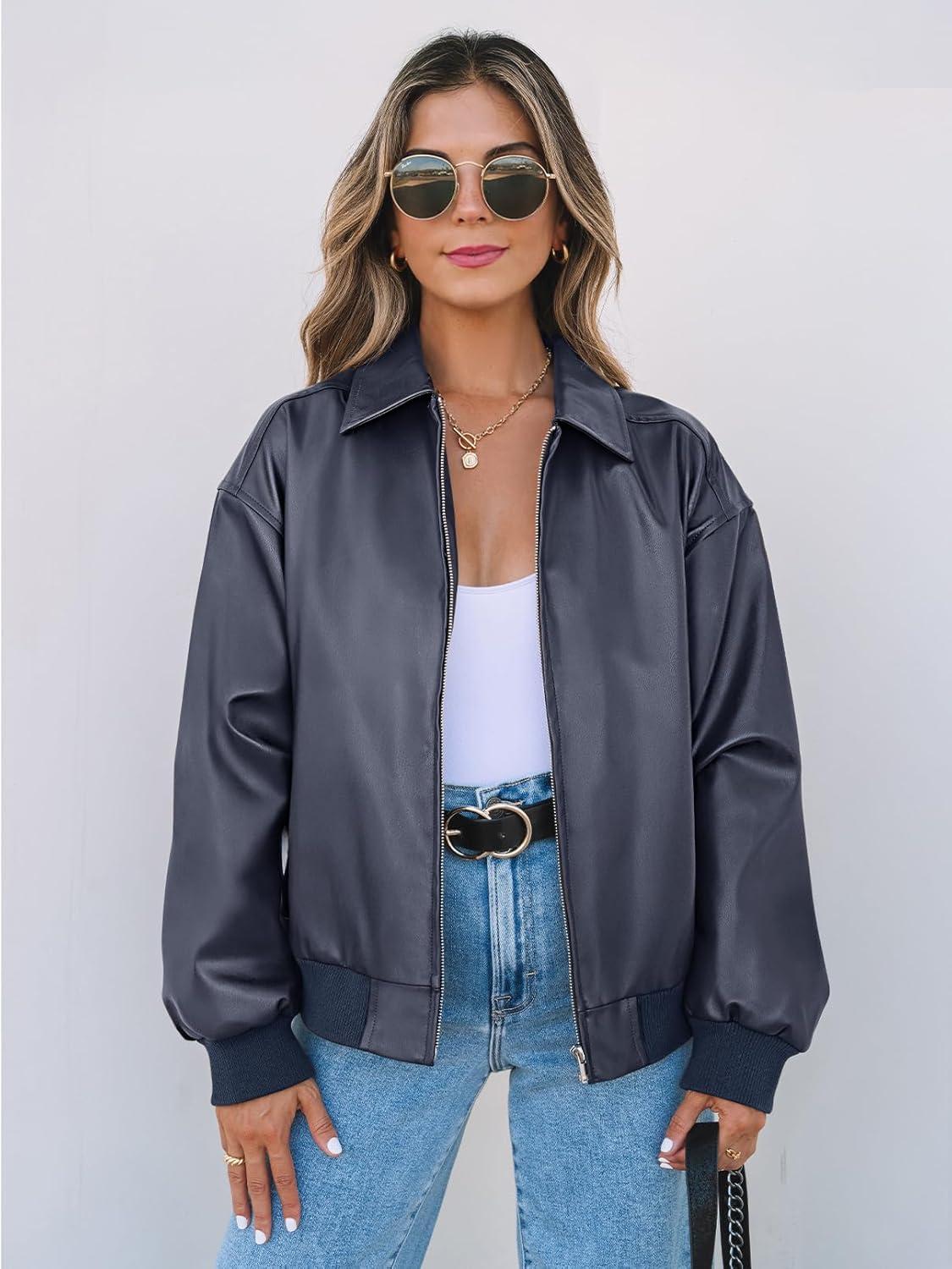 imageMEROKEETY Womens Winter Spring Oversized Faux Leather Jacket 2026 Fall Zip Up Motorcycle Coats Fashion Outfits ClothesNavy