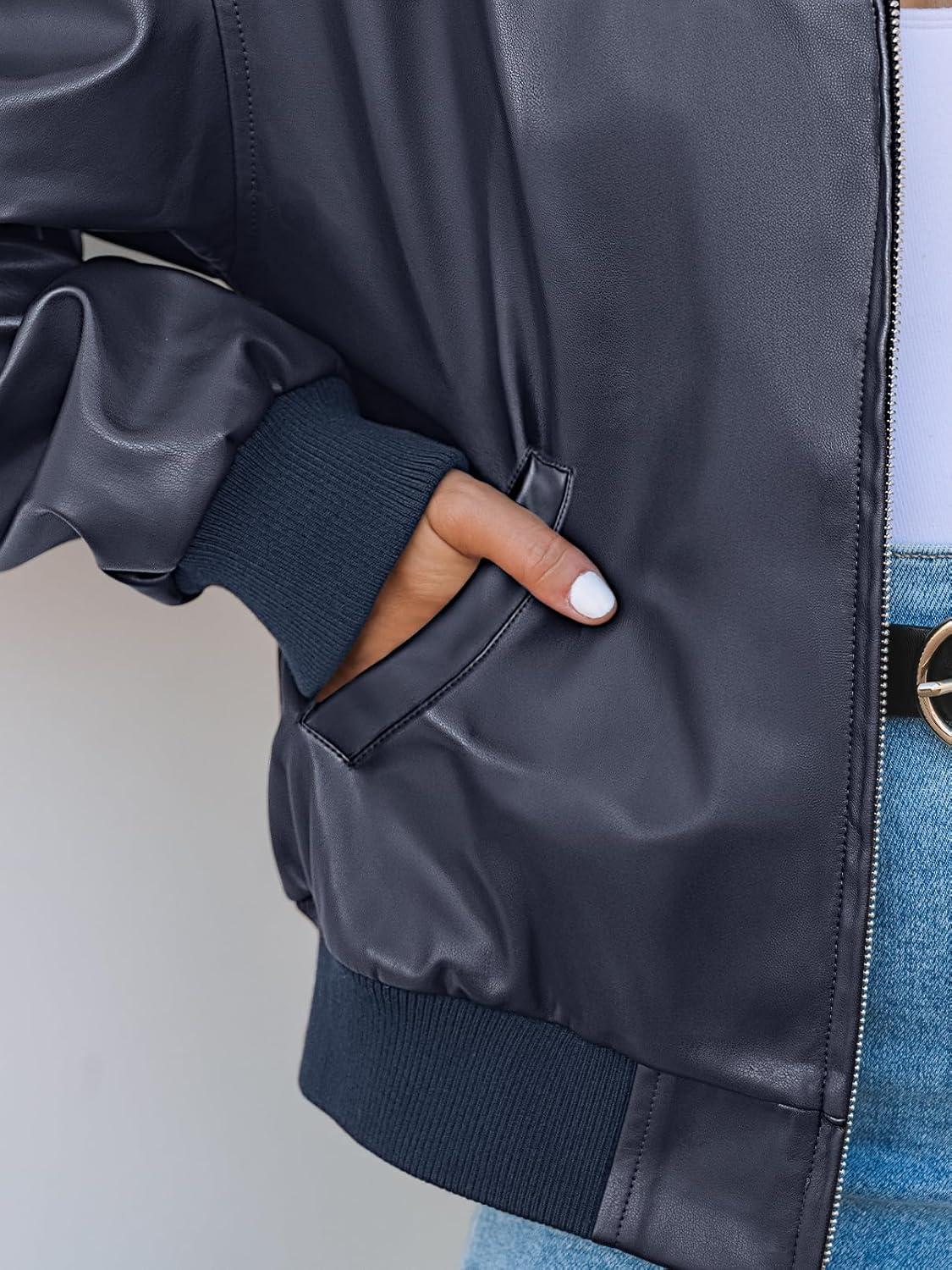 imageMEROKEETY Womens Winter Spring Oversized Faux Leather Jacket 2026 Fall Zip Up Motorcycle Coats Fashion Outfits ClothesNavy