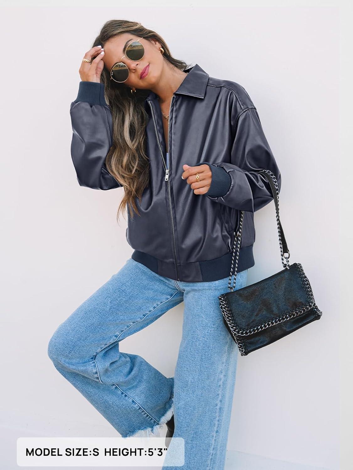 imageMEROKEETY Womens Winter Spring Oversized Faux Leather Jacket 2026 Fall Zip Up Motorcycle Coats Fashion Outfits ClothesNavy