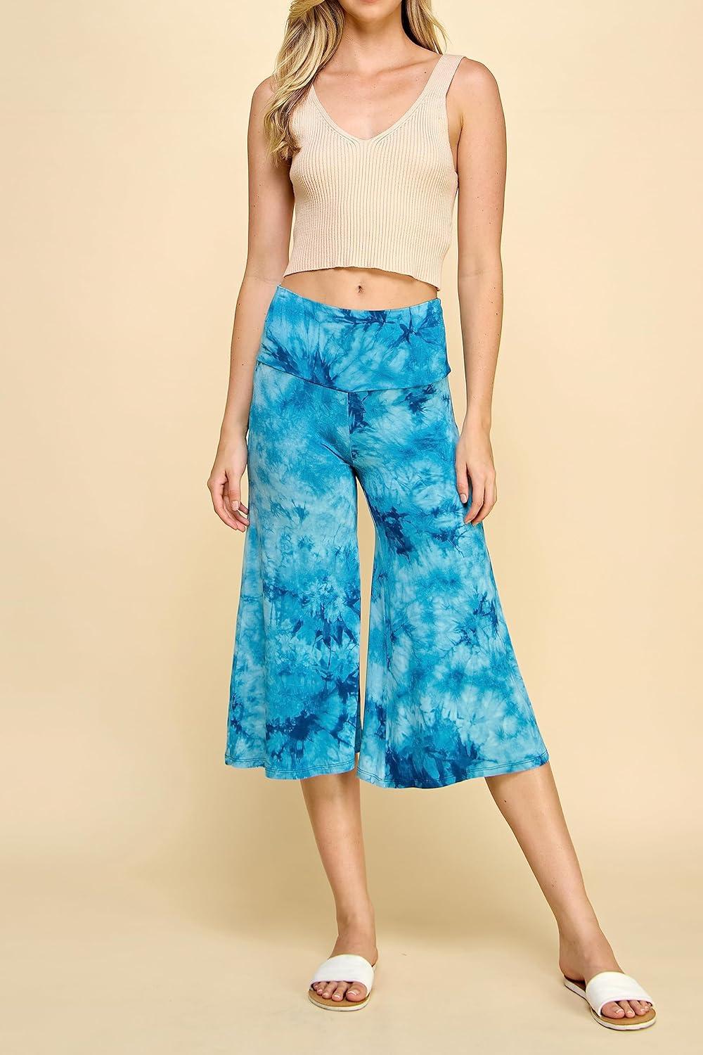 imageMade By Johnny Womens High Elastic Waistband Wide Leg Palazzo Culotte Gaucho Capri Pants S5XLWb2387teal