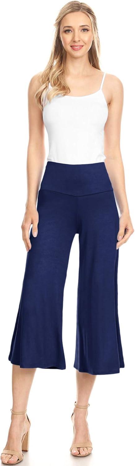 imageMade By Johnny Womens High Elastic Waistband Wide Leg Palazzo Culotte Gaucho Capri Pants S5XLWb876navy