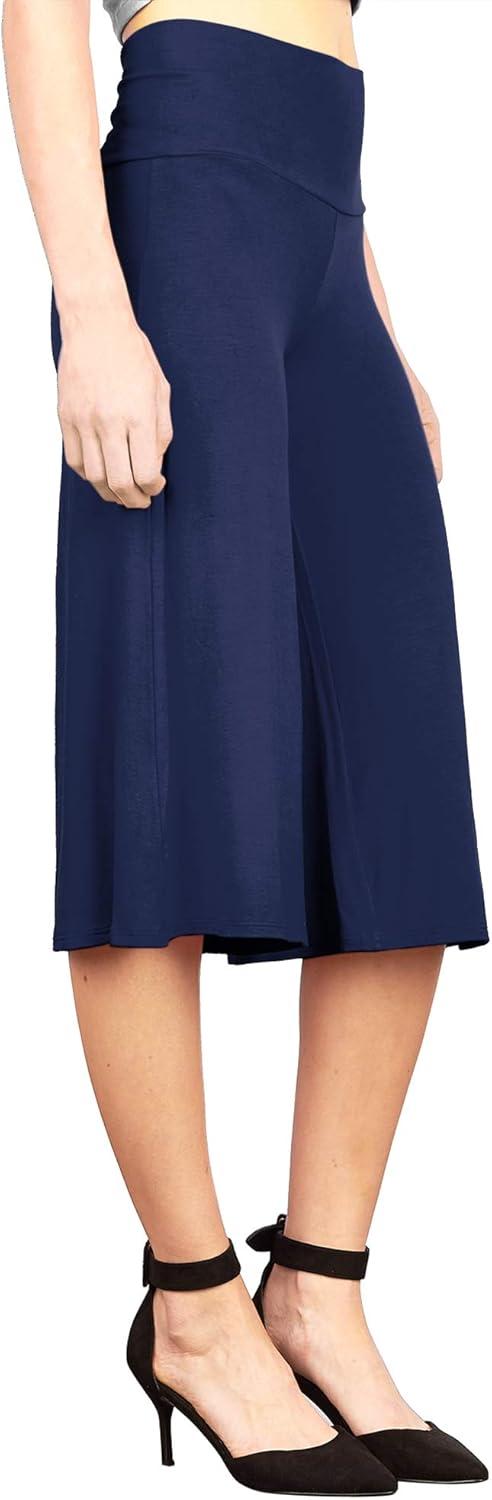 imageMade By Johnny Womens High Elastic Waistband Wide Leg Palazzo Culotte Gaucho Capri Pants S5XLWb876navy