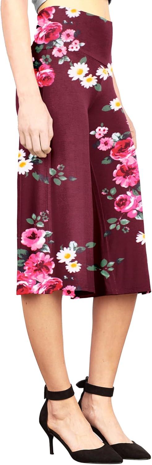 imageMade By Johnny Womens High Elastic Waistband Wide Leg Palazzo Culotte Gaucho Capri Pants S5XLWb876winefloral
