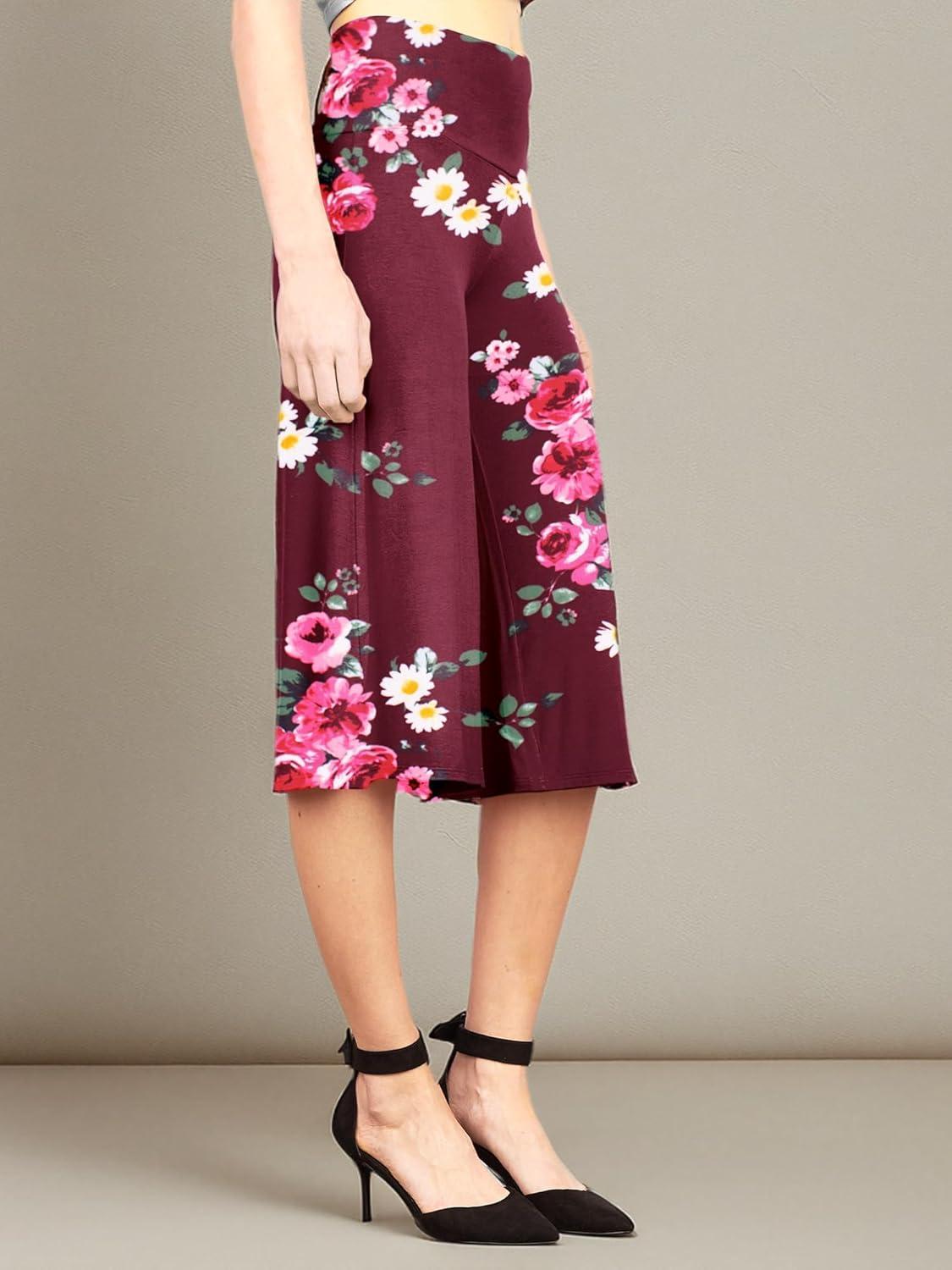 imageMade By Johnny Womens High Elastic Waistband Wide Leg Palazzo Culotte Gaucho Capri Pants S5XLWb876winefloral