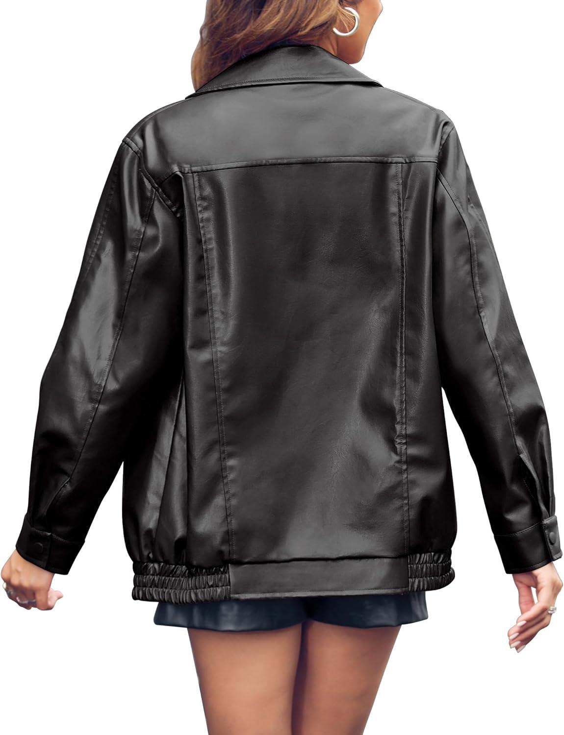imageMiladusa Womens Oversized Leather Jackets Faux Casual Zip Up Trendy Bomber Motorcycle Jacket with PocketsBlack