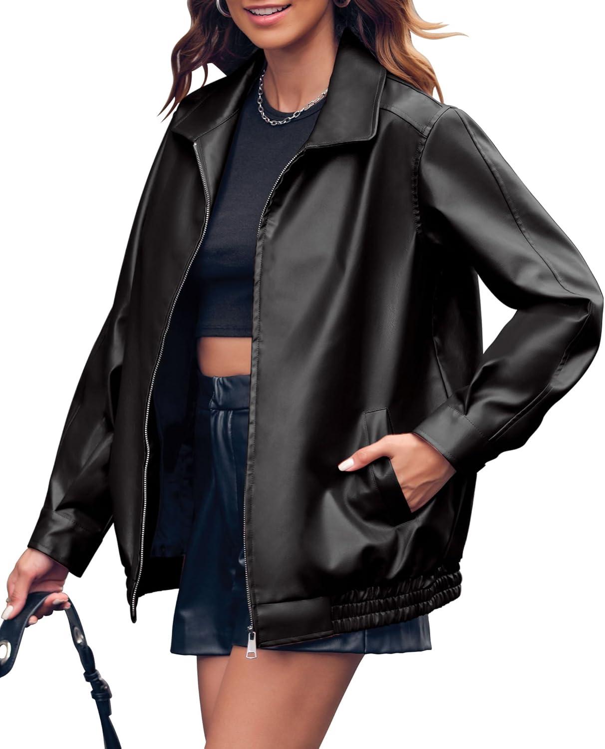 imageMiladusa Womens Oversized Leather Jackets Faux Casual Zip Up Trendy Bomber Motorcycle Jacket with PocketsBlack