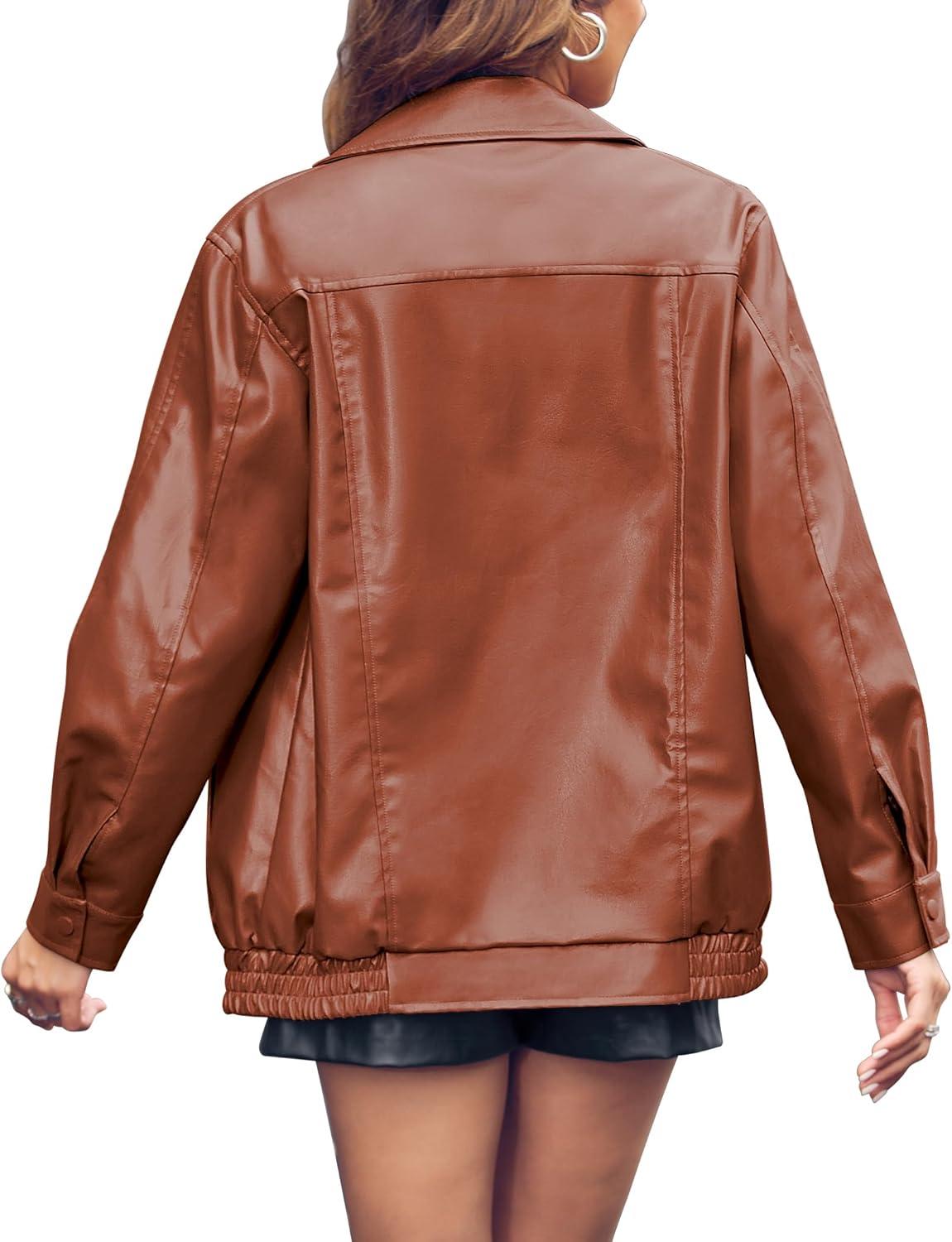 imageMiladusa Womens Oversized Leather Jackets Faux Casual Zip Up Trendy Bomber Motorcycle Jacket with PocketsBrown