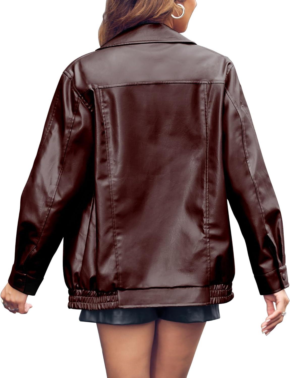 imageMiladusa Womens Oversized Leather Jackets Faux Casual Zip Up Trendy Bomber Motorcycle Jacket with PocketsDark Brown