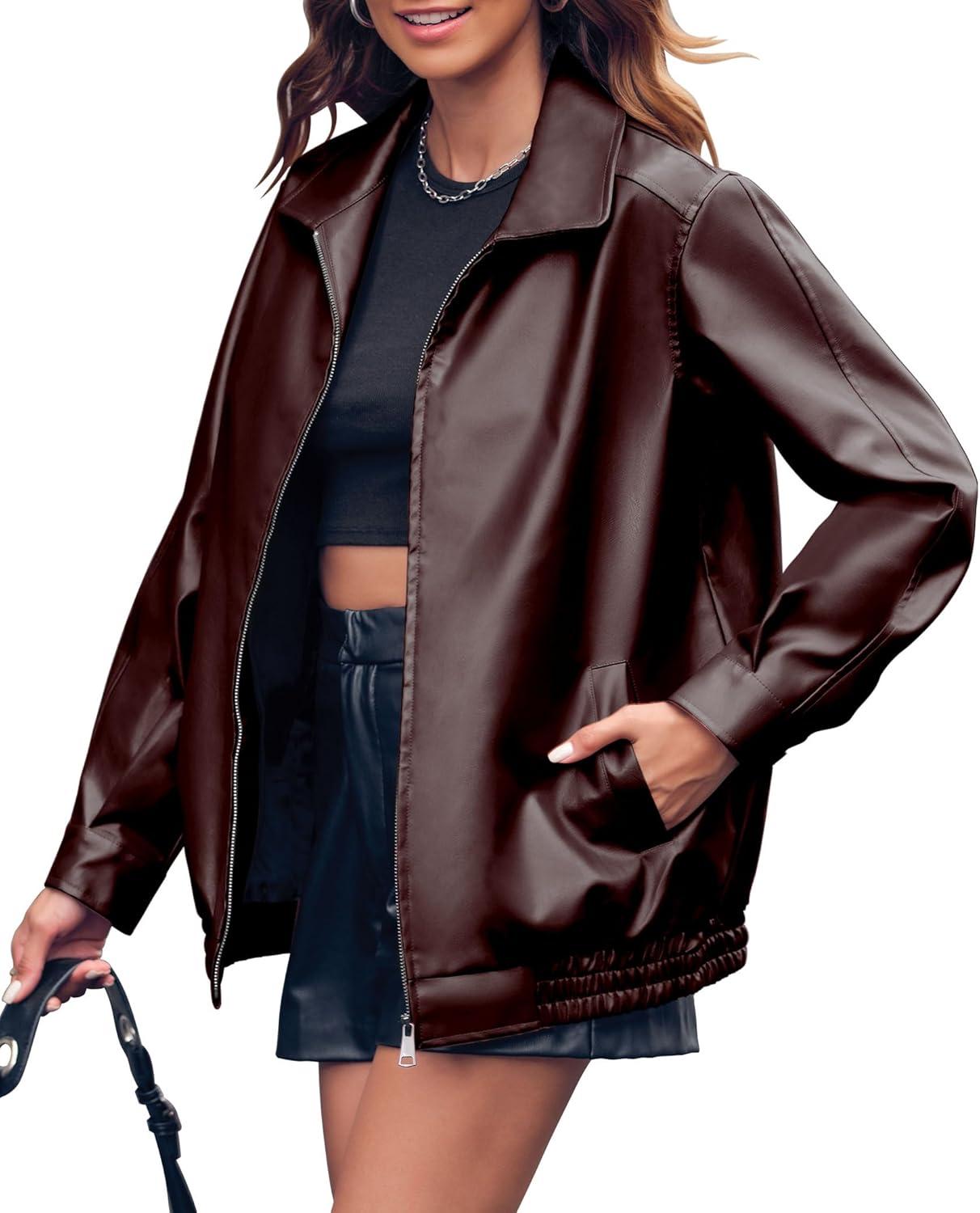 imageMiladusa Womens Oversized Leather Jackets Faux Casual Zip Up Trendy Bomber Motorcycle Jacket with PocketsDark Brown