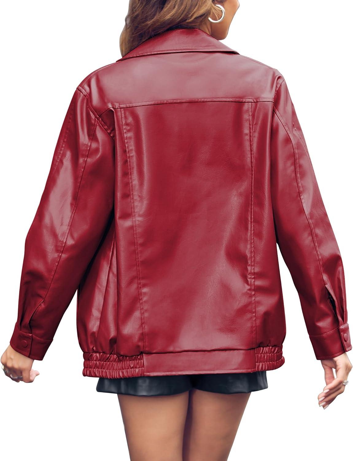 imageMiladusa Womens Oversized Leather Jackets Faux Casual Zip Up Trendy Bomber Motorcycle Jacket with PocketsDark Red