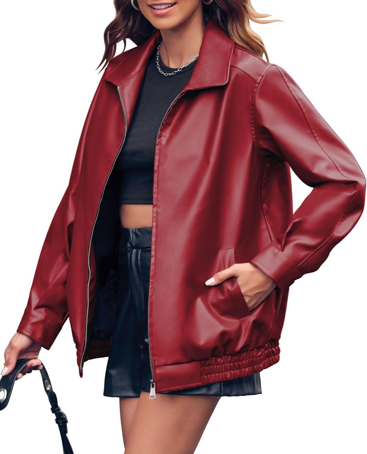 imageMiladusa Womens Oversized Leather Jackets Faux Casual Zip Up Trendy Bomber Motorcycle Jacket with PocketsDark Red
