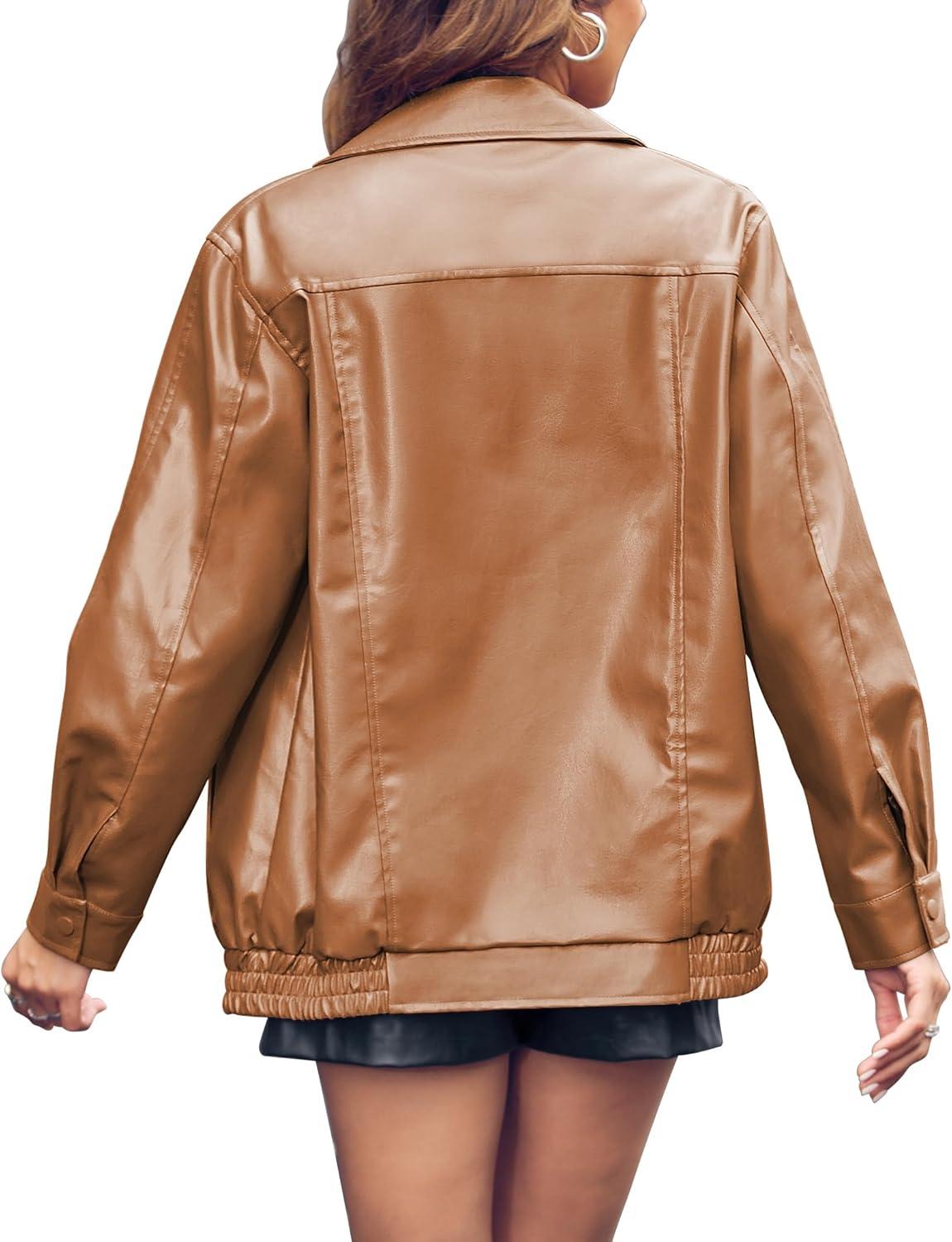 imageMiladusa Womens Oversized Leather Jackets Faux Casual Zip Up Trendy Bomber Motorcycle Jacket with PocketsKhaki