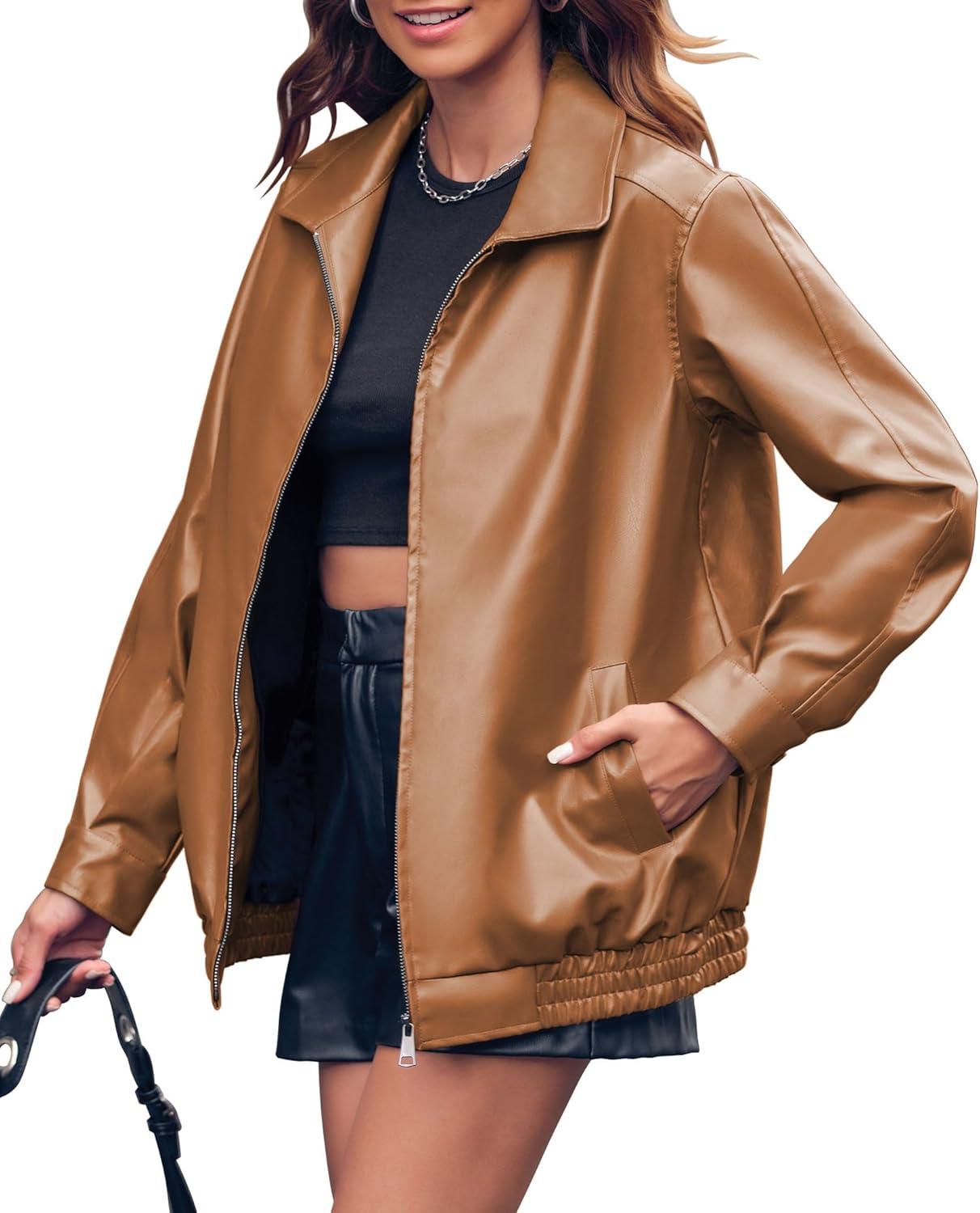 imageMiladusa Womens Oversized Leather Jackets Faux Casual Zip Up Trendy Bomber Motorcycle Jacket with PocketsKhaki