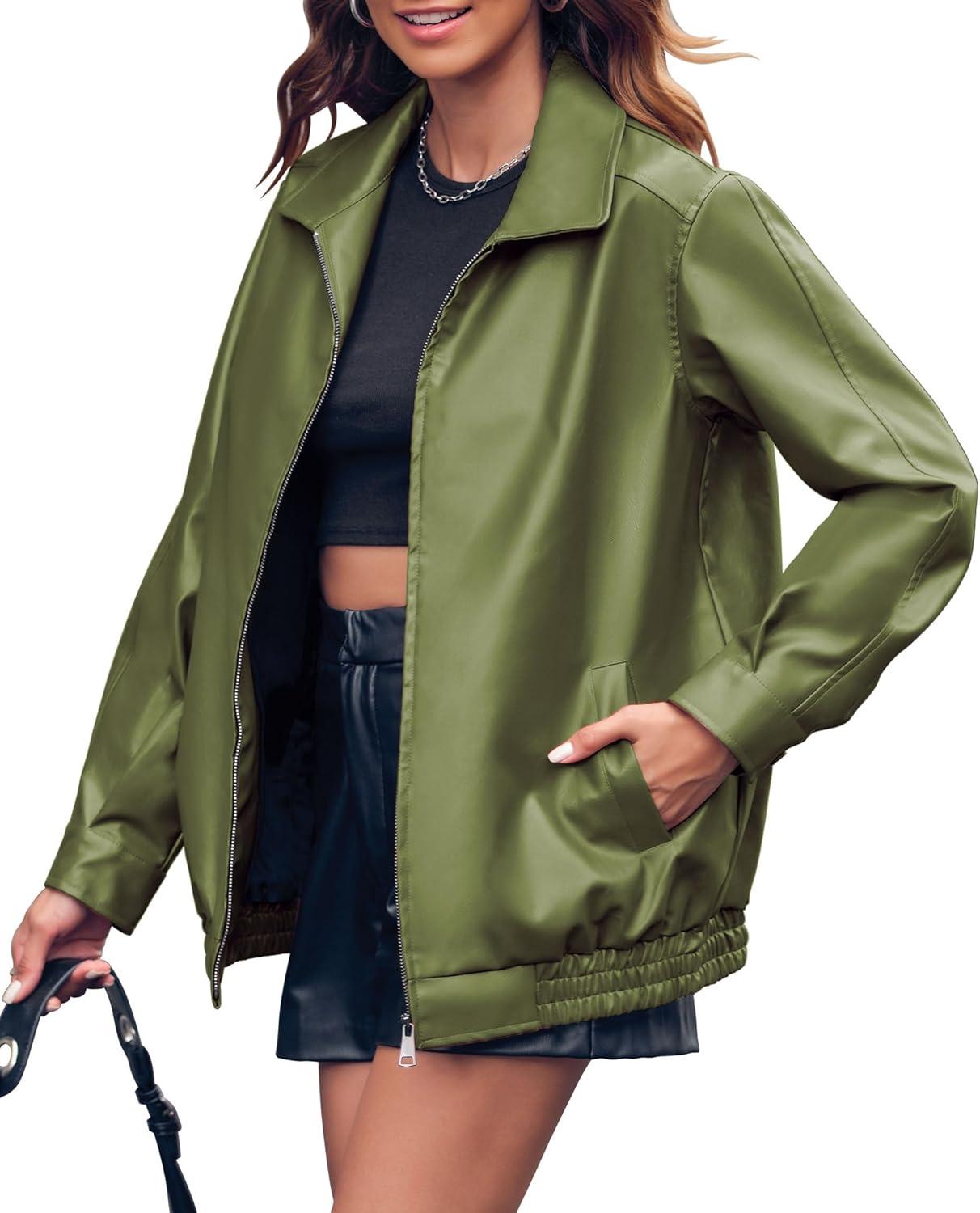imageMiladusa Womens Oversized Leather Jackets Faux Casual Zip Up Trendy Bomber Motorcycle Jacket with PocketsMilitary Green