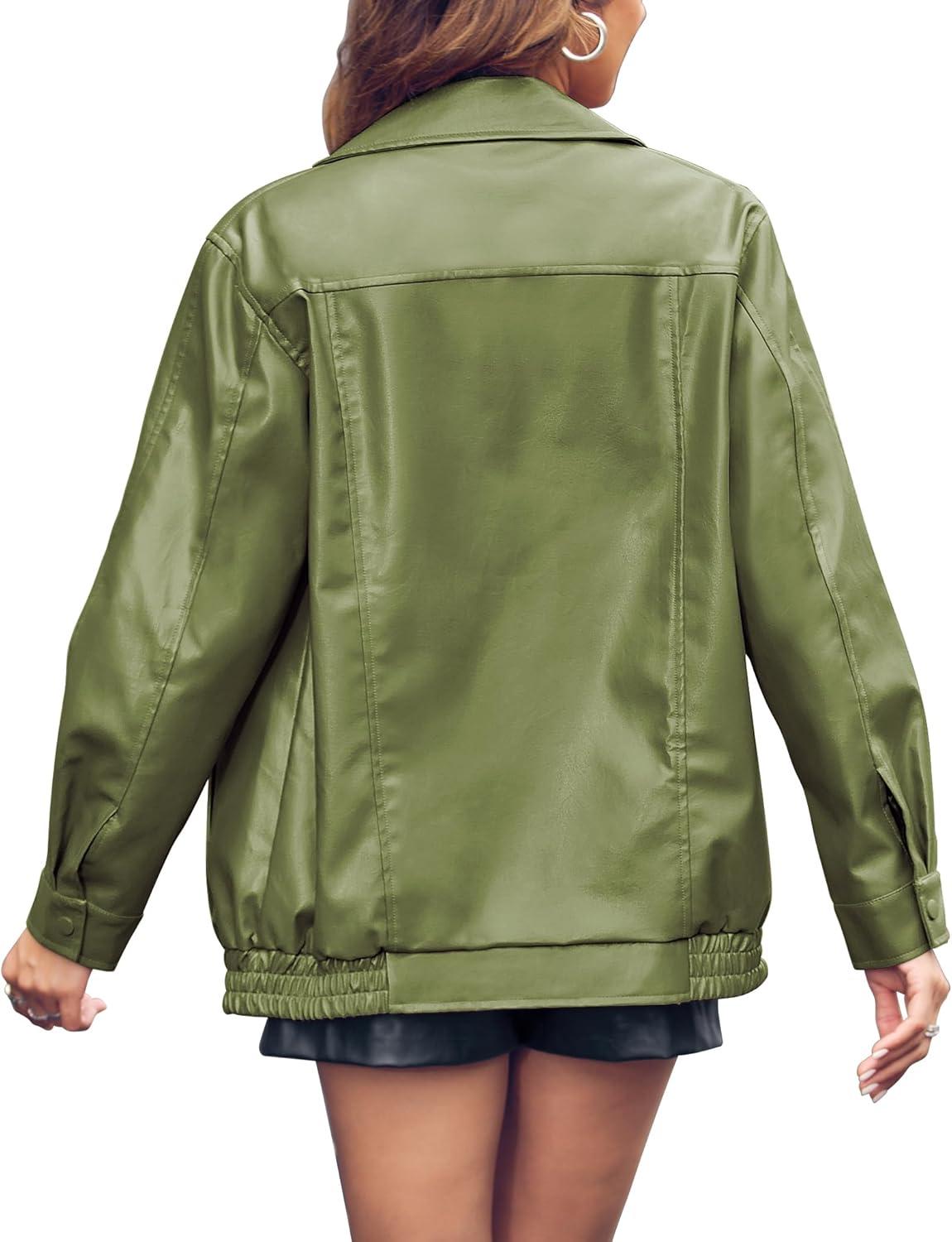 imageMiladusa Womens Oversized Leather Jackets Faux Casual Zip Up Trendy Bomber Motorcycle Jacket with PocketsMilitary Green