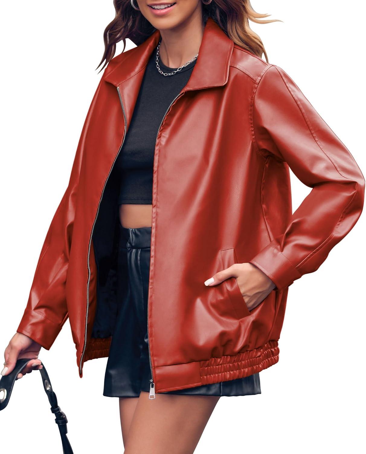 imageMiladusa Womens Oversized Leather Jackets Faux Casual Zip Up Trendy Bomber Motorcycle Jacket with PocketsOrange