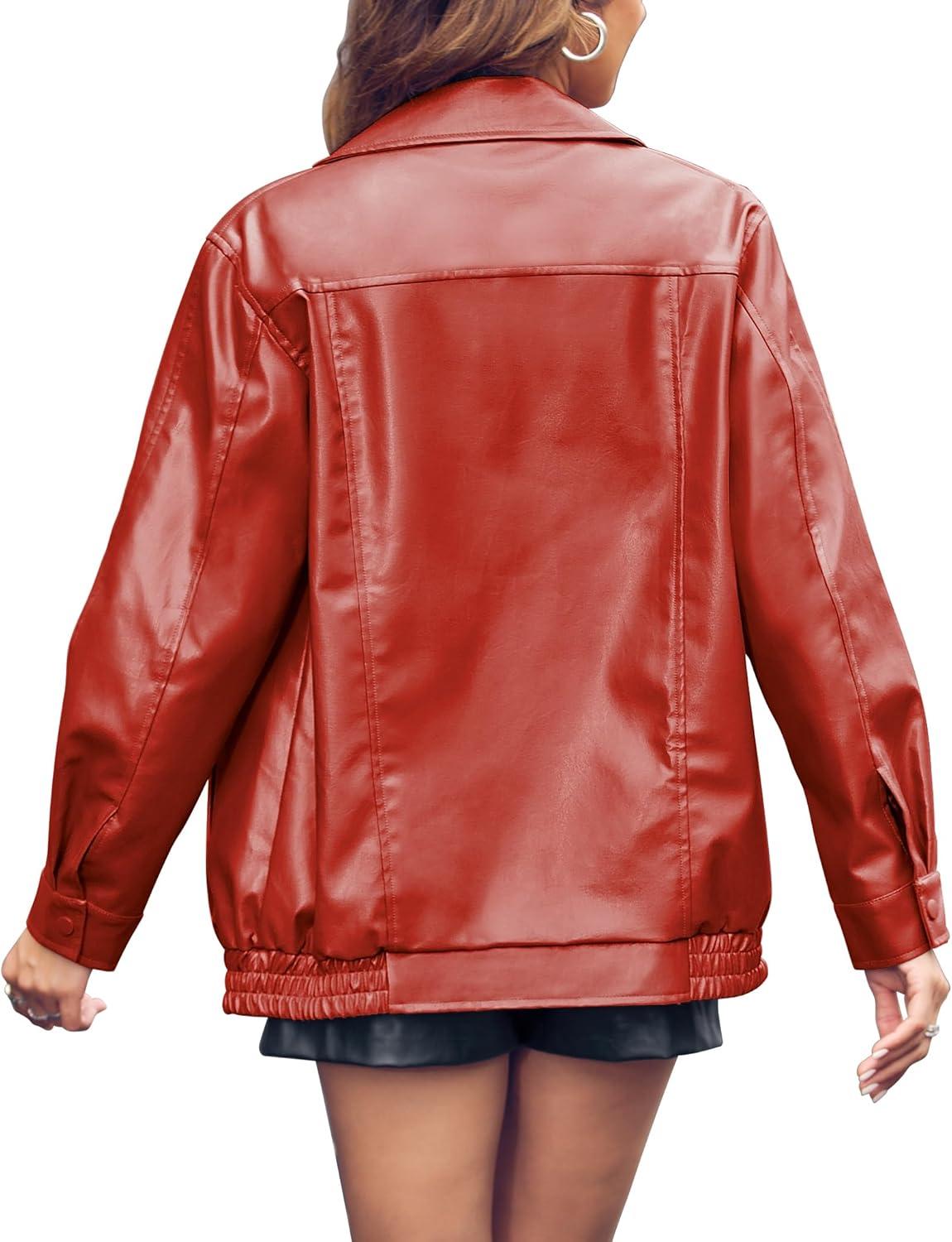 imageMiladusa Womens Oversized Leather Jackets Faux Casual Zip Up Trendy Bomber Motorcycle Jacket with PocketsOrange