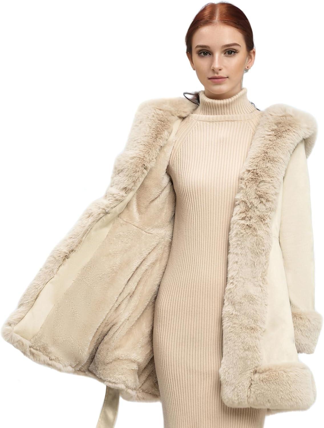 imageNXBC Winter Faux Fur Coats for WomenFaux Fur Leather Jacket WomenWinter Long Sleeve Furry Trim Peplum Parka Coat with BeltBeige