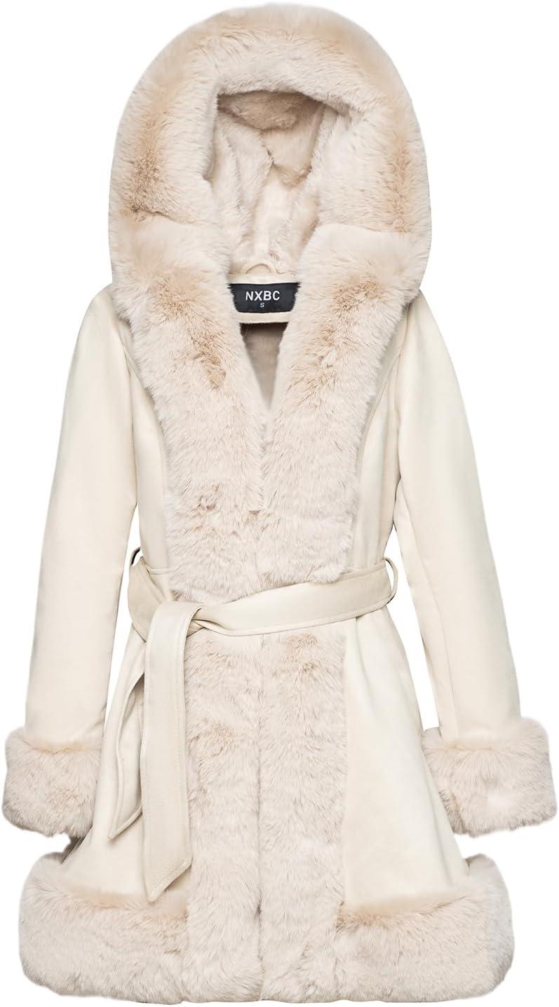 imageNXBC Winter Faux Fur Coats for WomenFaux Fur Leather Jacket WomenWinter Long Sleeve Furry Trim Peplum Parka Coat with BeltBeige