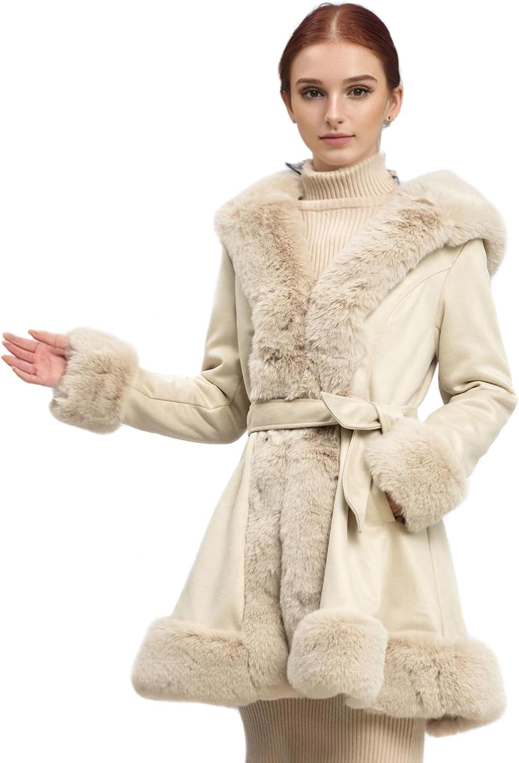 imageNXBC Winter Faux Fur Coats for WomenFaux Fur Leather Jacket WomenWinter Long Sleeve Furry Trim Peplum Parka Coat with BeltBeige