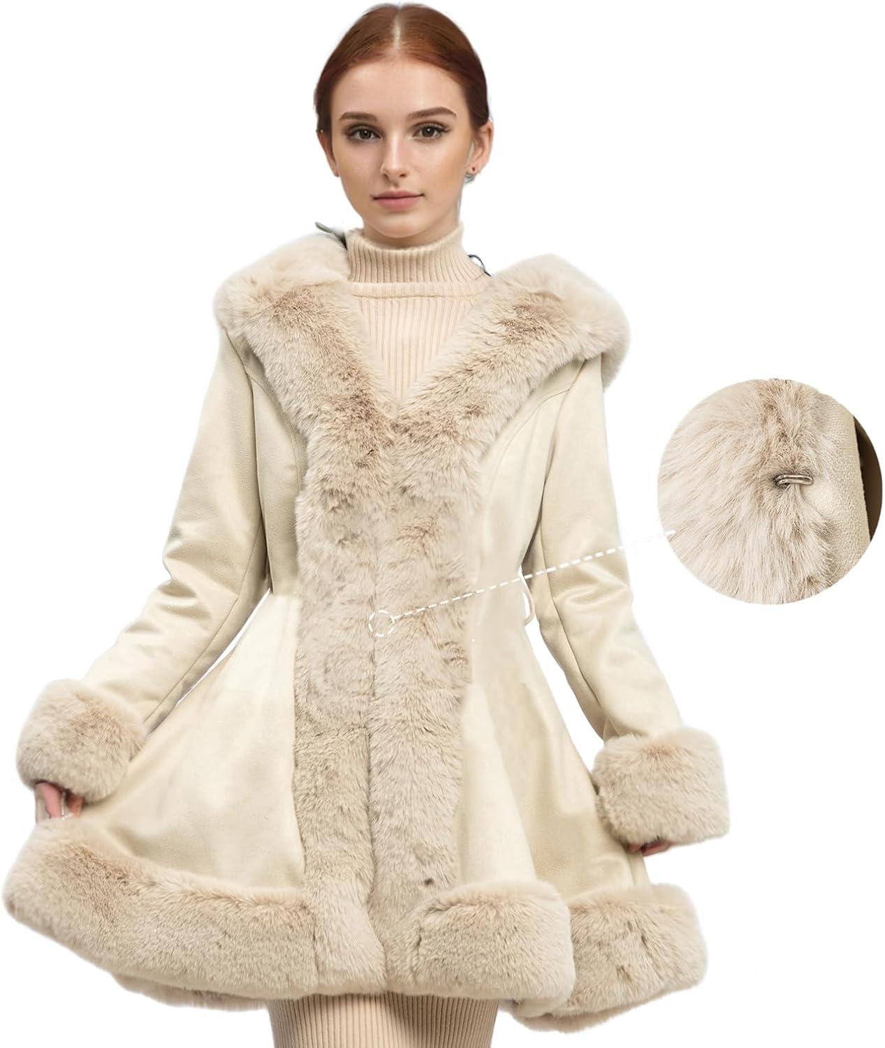 imageNXBC Winter Faux Fur Coats for WomenFaux Fur Leather Jacket WomenWinter Long Sleeve Furry Trim Peplum Parka Coat with BeltBeige