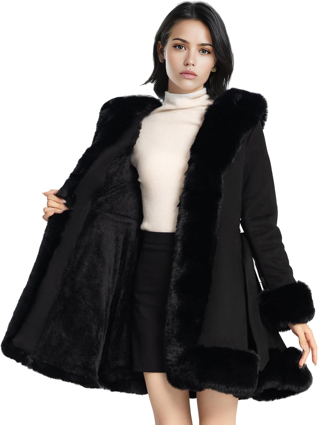 imageNXBC Winter Faux Fur Coats for WomenFaux Fur Leather Jacket WomenWinter Long Sleeve Furry Trim Peplum Parka Coat with BeltBlack