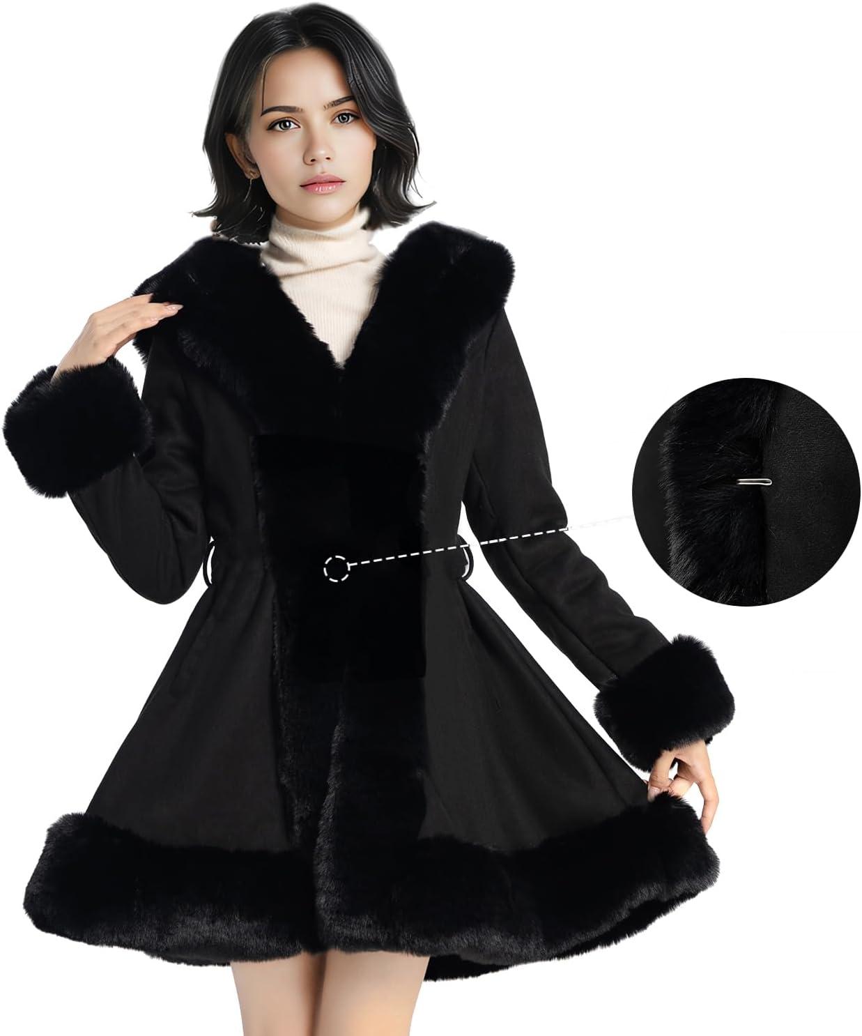 imageNXBC Winter Faux Fur Coats for WomenFaux Fur Leather Jacket WomenWinter Long Sleeve Furry Trim Peplum Parka Coat with BeltBlack