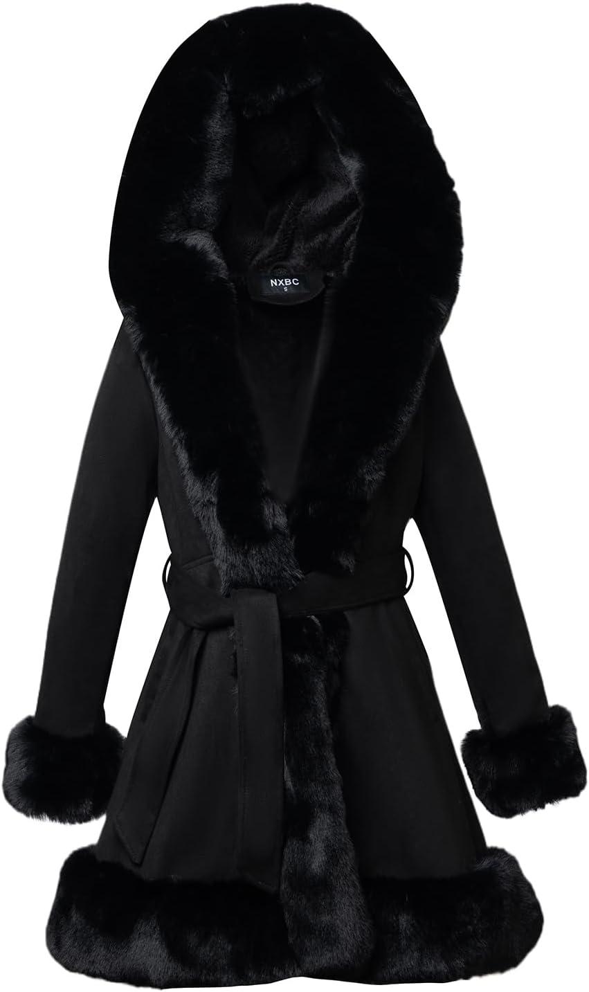 imageNXBC Winter Faux Fur Coats for WomenFaux Fur Leather Jacket WomenWinter Long Sleeve Furry Trim Peplum Parka Coat with BeltBlack