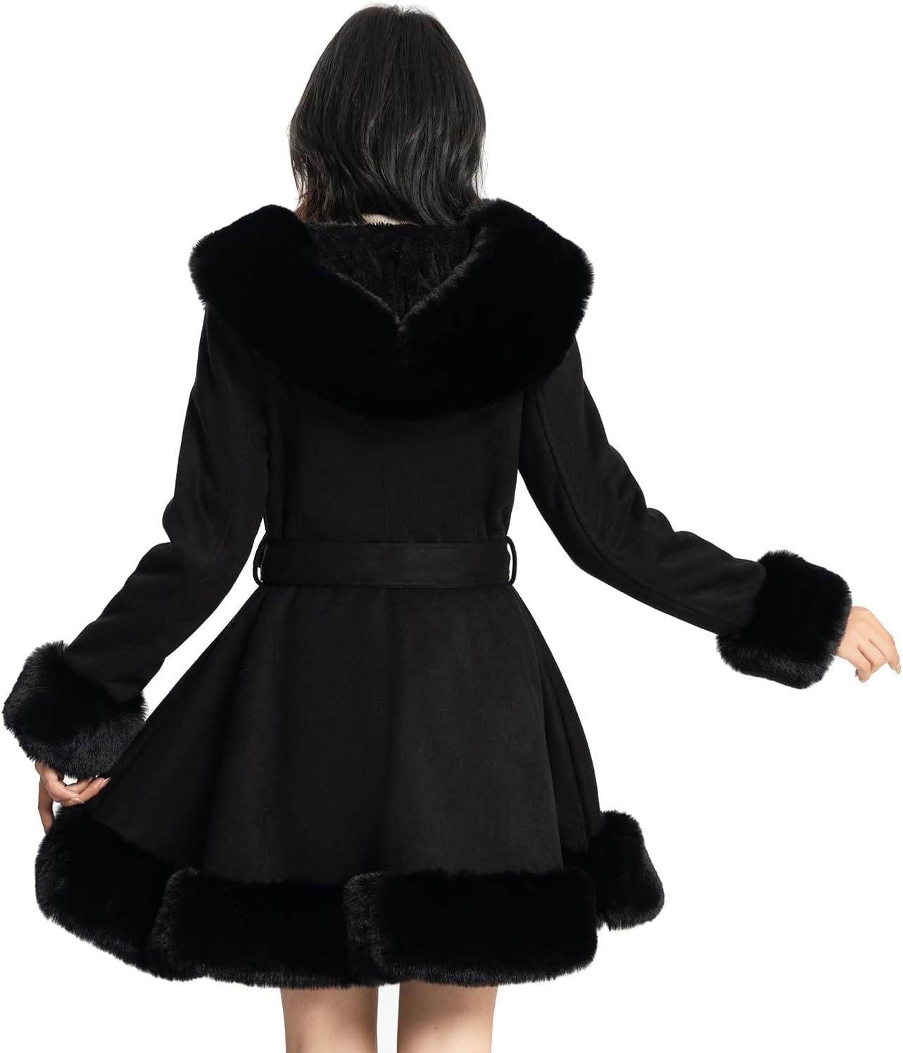 imageNXBC Winter Faux Fur Coats for WomenFaux Fur Leather Jacket WomenWinter Long Sleeve Furry Trim Peplum Parka Coat with BeltBlack