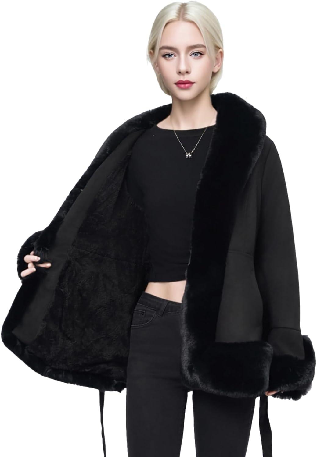 imageNXBC Winter Faux Fur Coats for WomenFaux Fur Leather Jacket WomenWinter Long Sleeve Furry Trim Peplum Parka Coat with BeltBlack Short