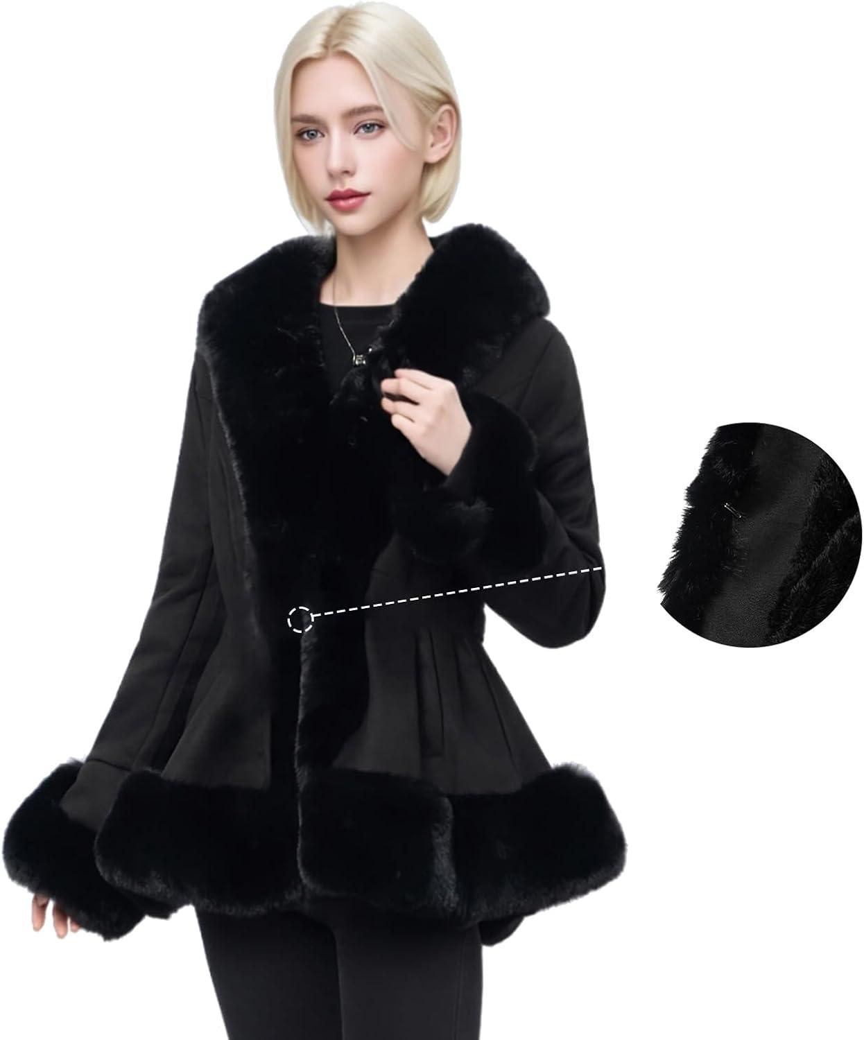 imageNXBC Winter Faux Fur Coats for WomenFaux Fur Leather Jacket WomenWinter Long Sleeve Furry Trim Peplum Parka Coat with BeltBlack Short