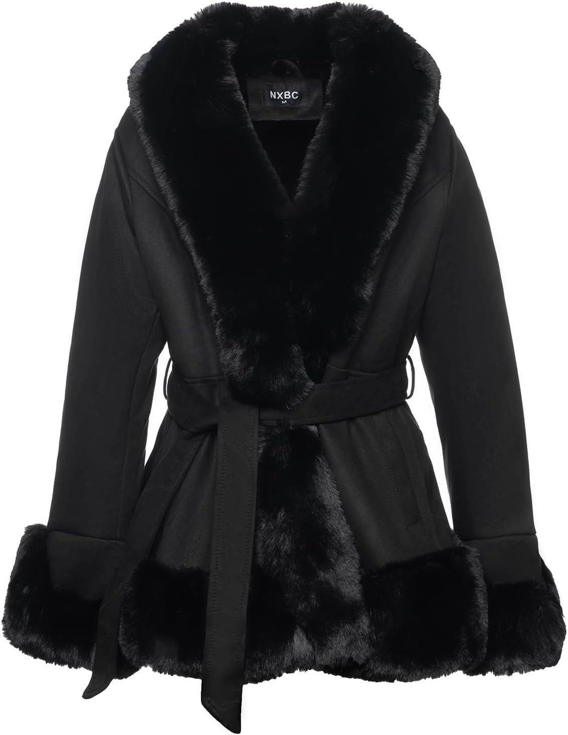 imageNXBC Winter Faux Fur Coats for WomenFaux Fur Leather Jacket WomenWinter Long Sleeve Furry Trim Peplum Parka Coat with BeltBlack Short