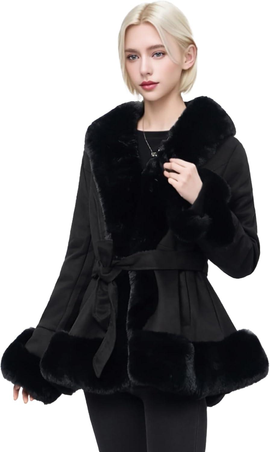 imageNXBC Winter Faux Fur Coats for WomenFaux Fur Leather Jacket WomenWinter Long Sleeve Furry Trim Peplum Parka Coat with BeltBlack Short