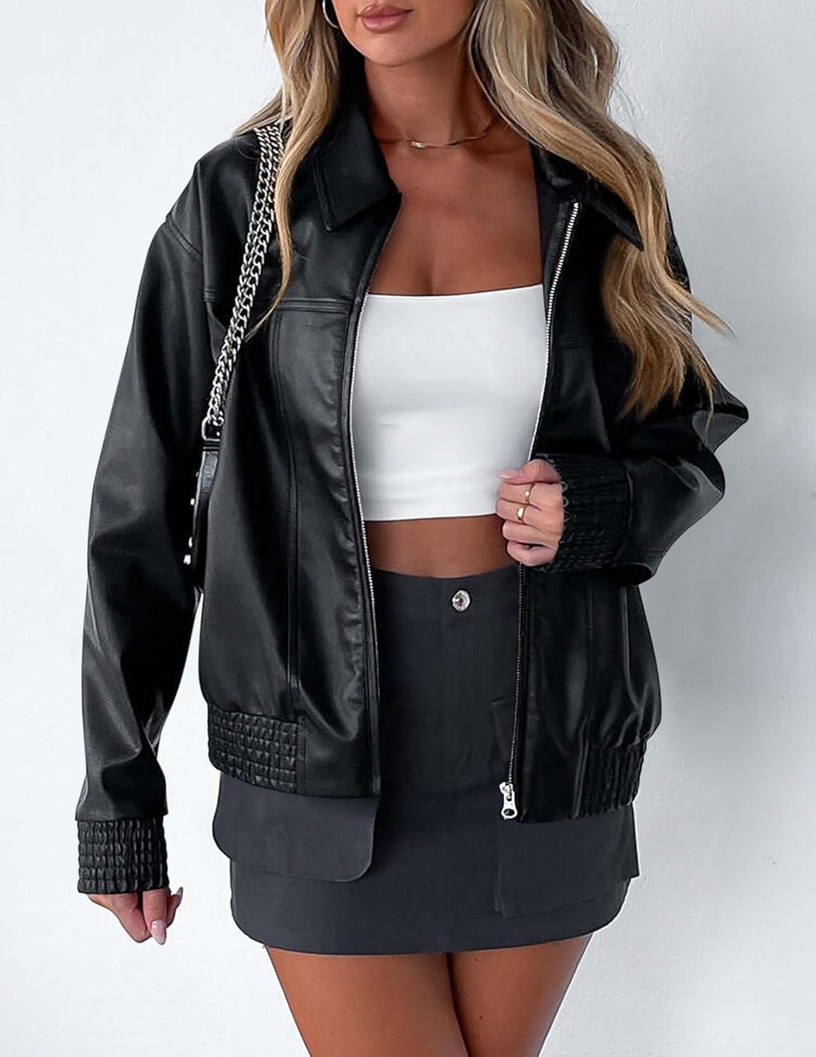 imagePRETTYGARDEN Womens Faux Leather Jackets 2025 Fall Long Sleeve Bomber Jacket Zip Up Motorcycle Coats Winter ClothesBlack