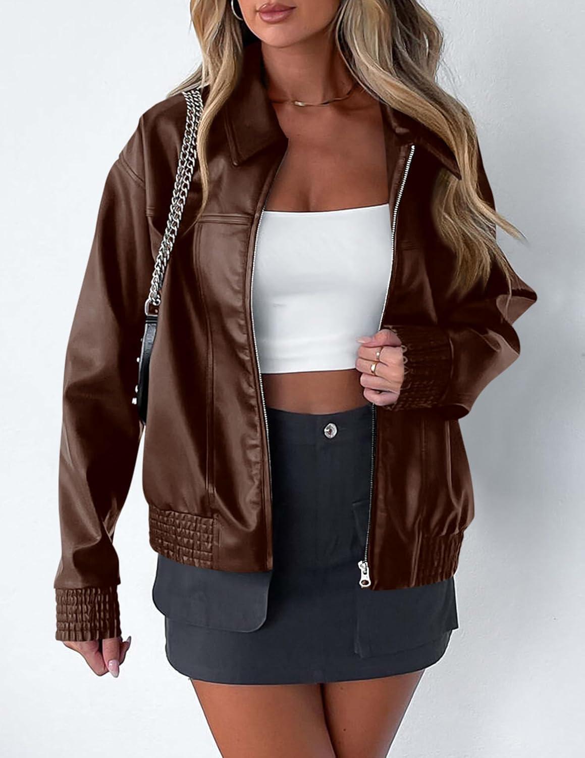 imagePRETTYGARDEN Womens Faux Leather Jackets 2025 Fall Long Sleeve Bomber Jacket Zip Up Motorcycle Coats Winter ClothesCoffee